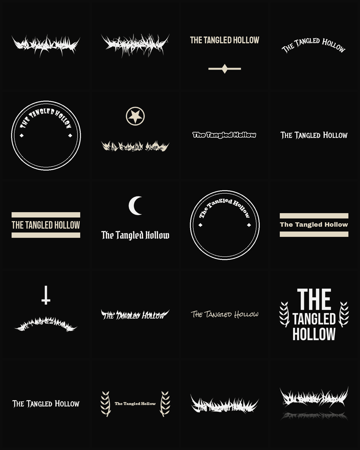 Twenty The Tangled Hollow band logo ideas — different faces, treatments and spike settings