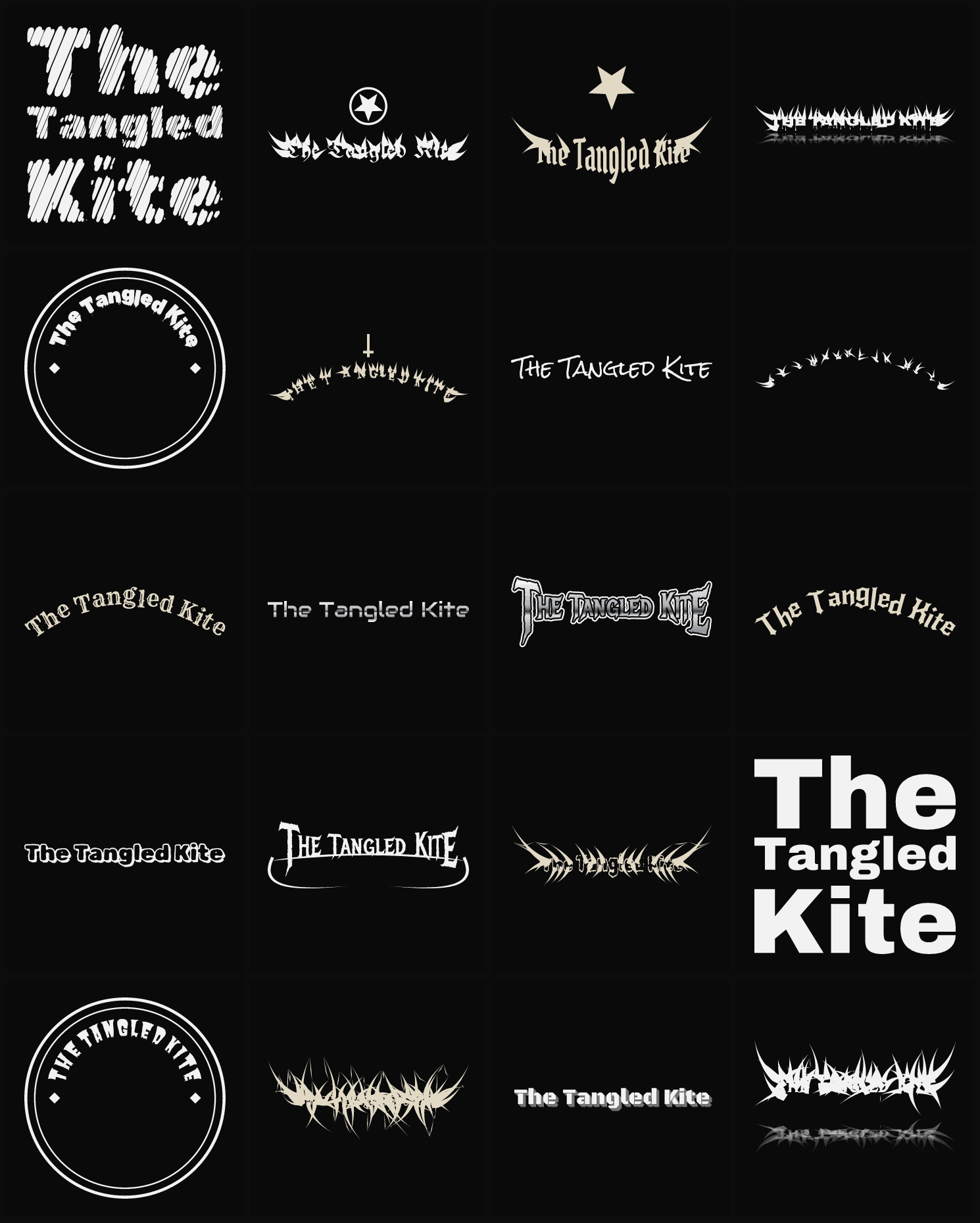 Twenty The Tangled Kite band logo ideas — different faces, treatments and spike settings