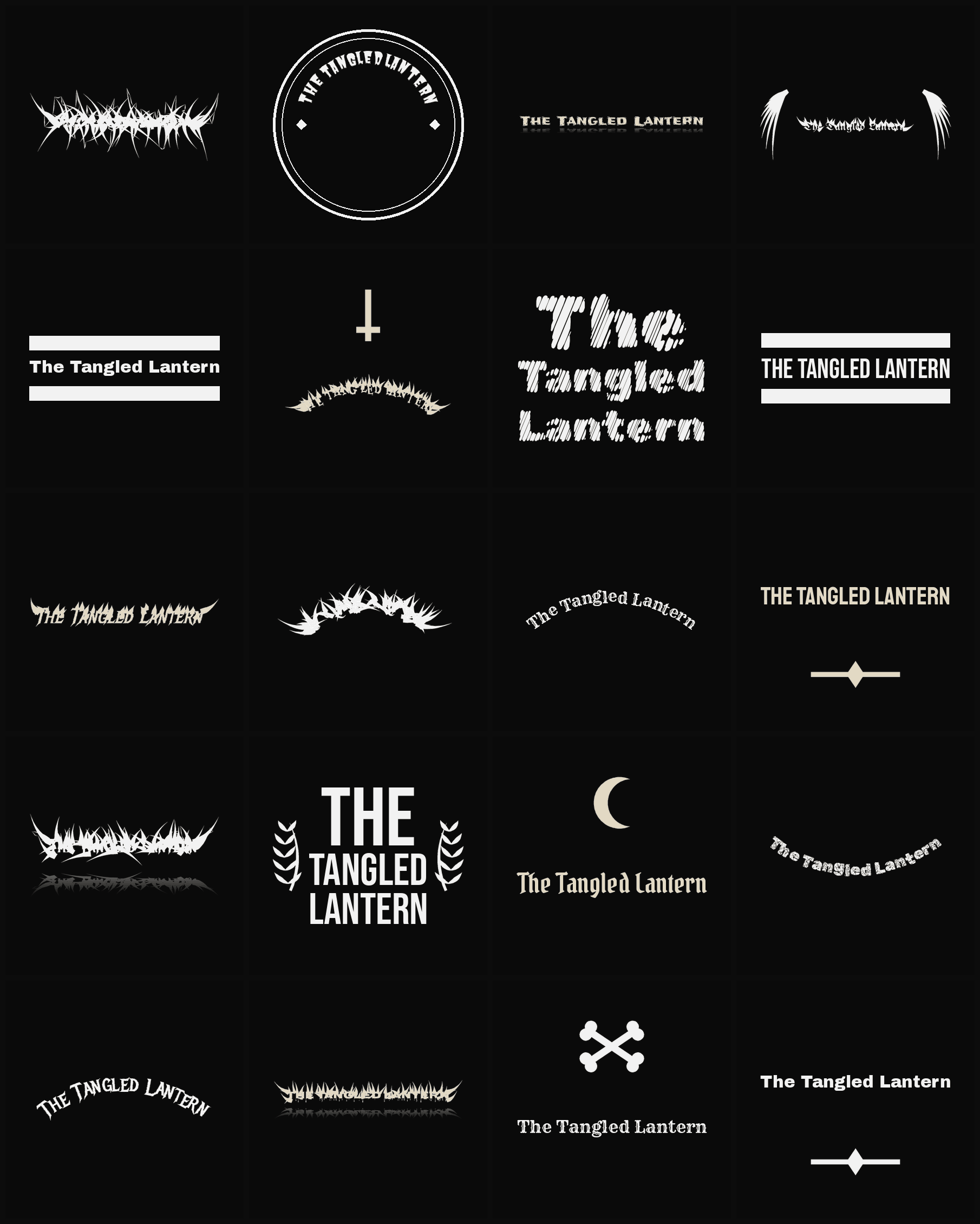 Twenty The Tangled Lantern band logo ideas — different faces, treatments and spike settings
