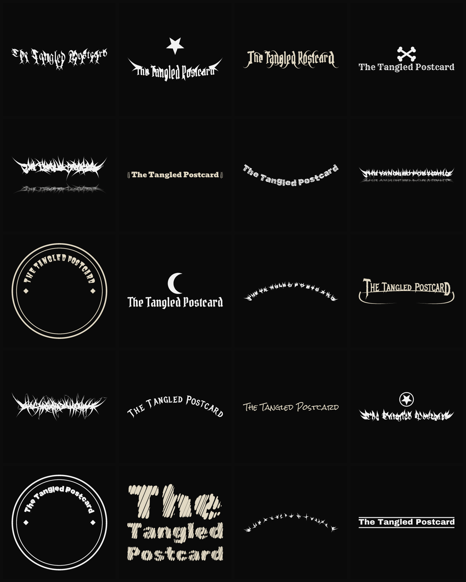 Twenty The Tangled Postcard band logo ideas — different faces, treatments and spike settings