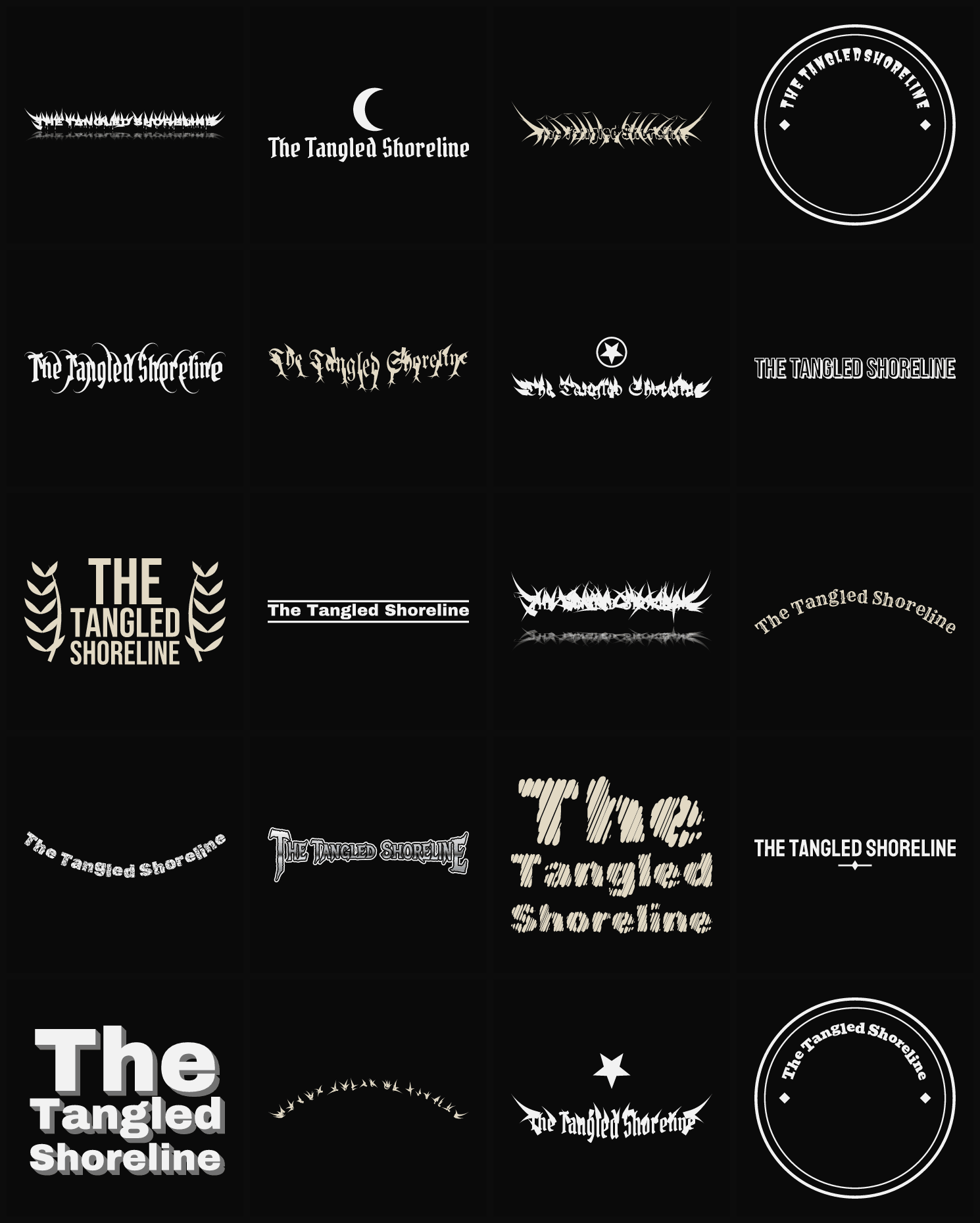 Twenty The Tangled Shoreline band logo ideas — different faces, treatments and spike settings