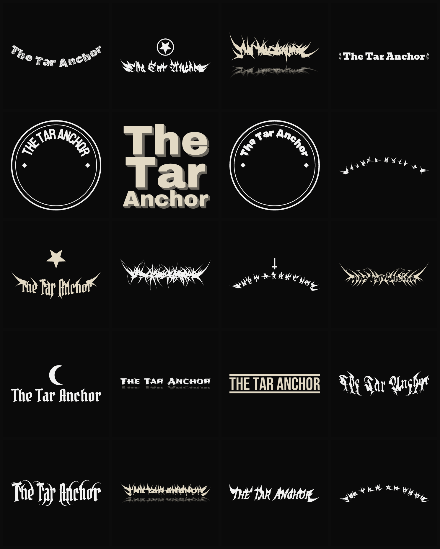 Twenty The Tar Anchor band logo ideas — different faces, treatments and spike settings