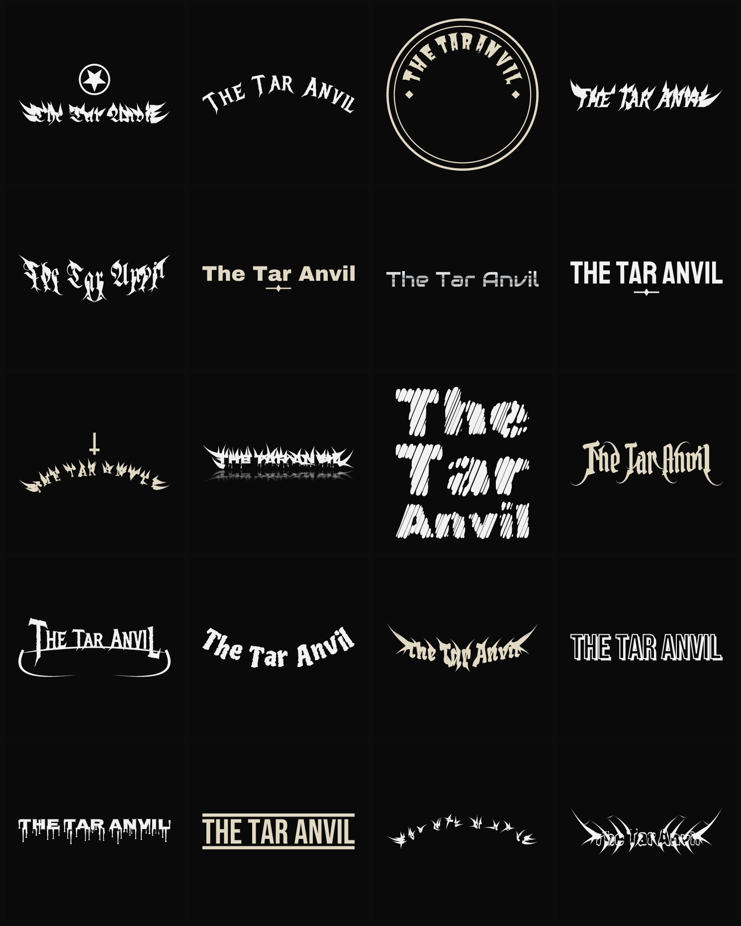 Twenty The Tar Anvil band logo ideas — different faces, treatments and spike settings