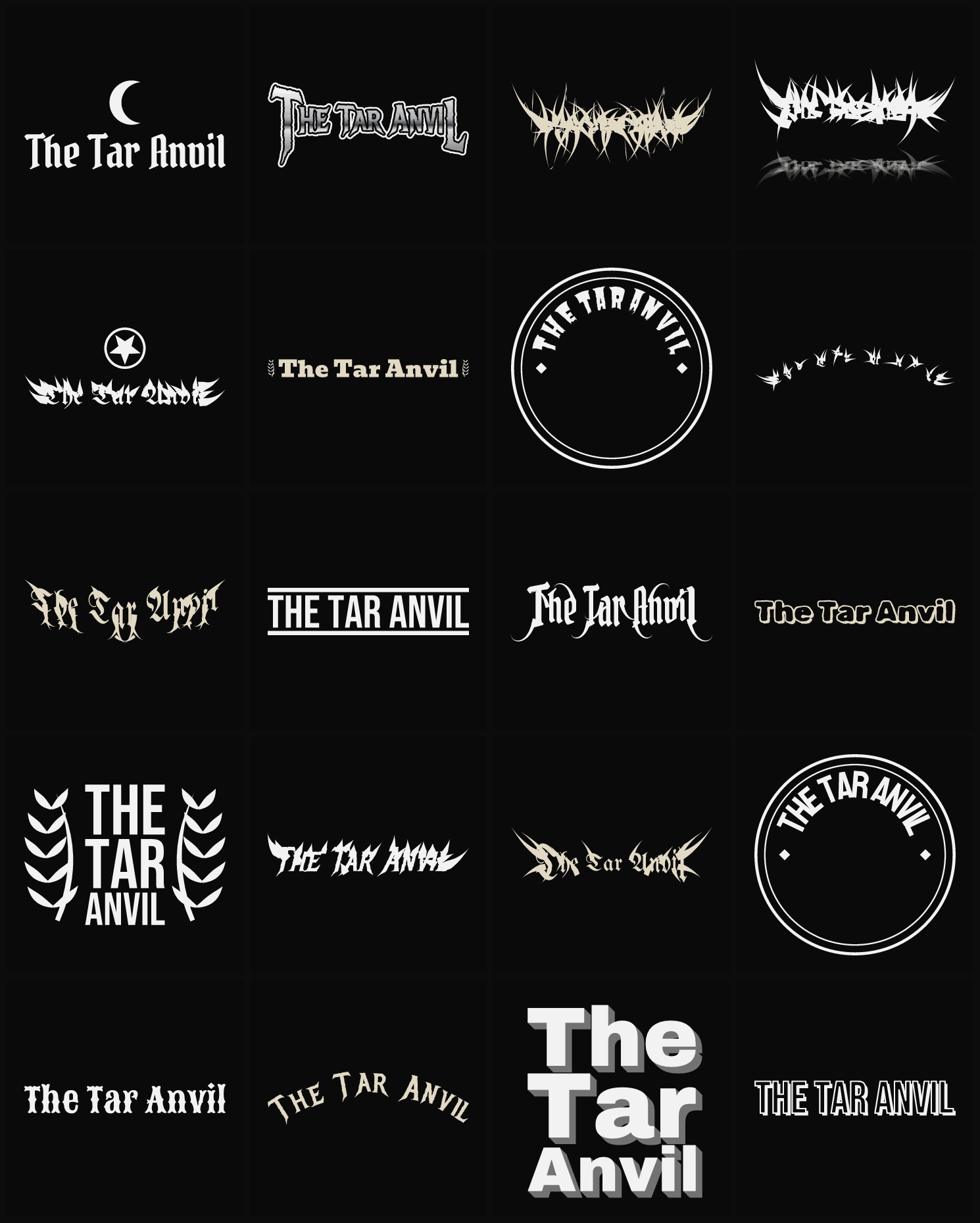 Twenty The Tar Anvil band logo ideas — different faces, treatments and spike settings