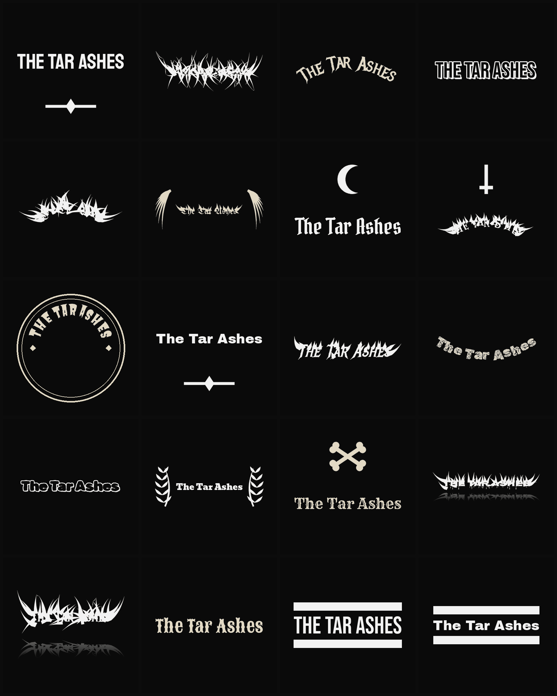 Twenty The Tar Ashes band logo ideas — different faces, treatments and spike settings