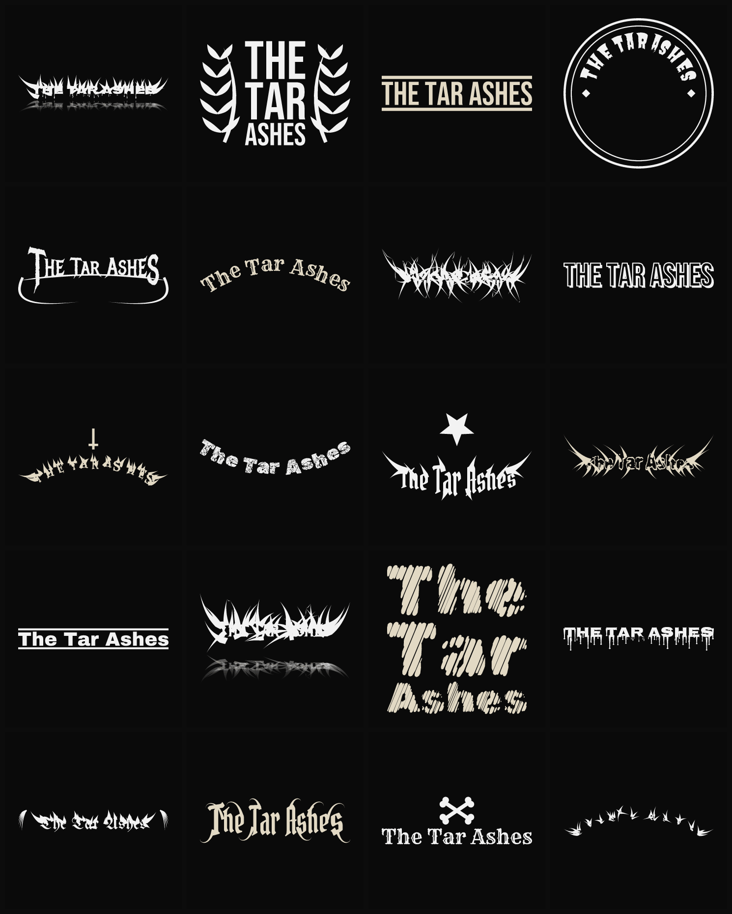 Twenty The Tar Ashes band logo ideas — different faces, treatments and spike settings