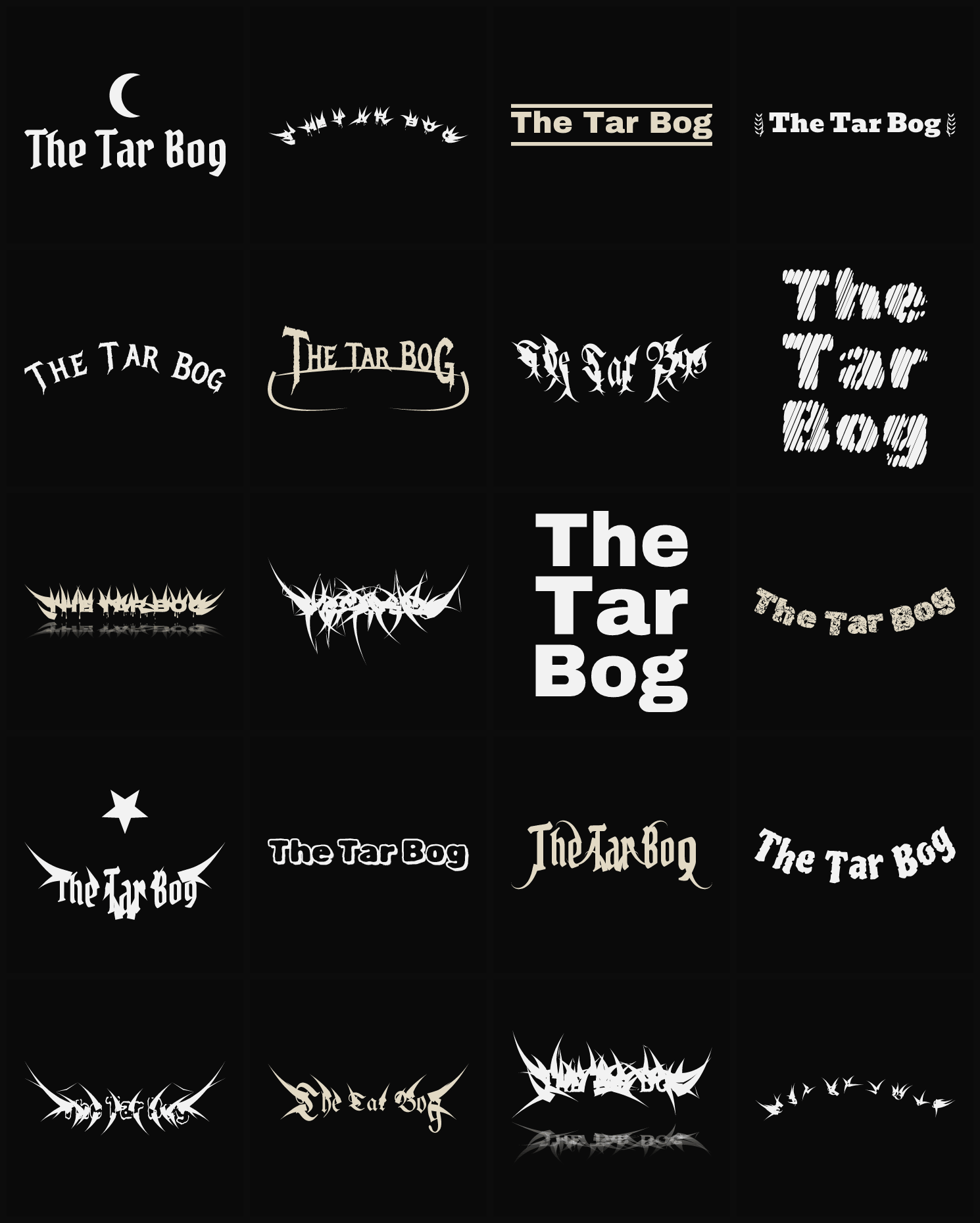 Twenty The Tar Bog band logo ideas — different faces, treatments and spike settings
