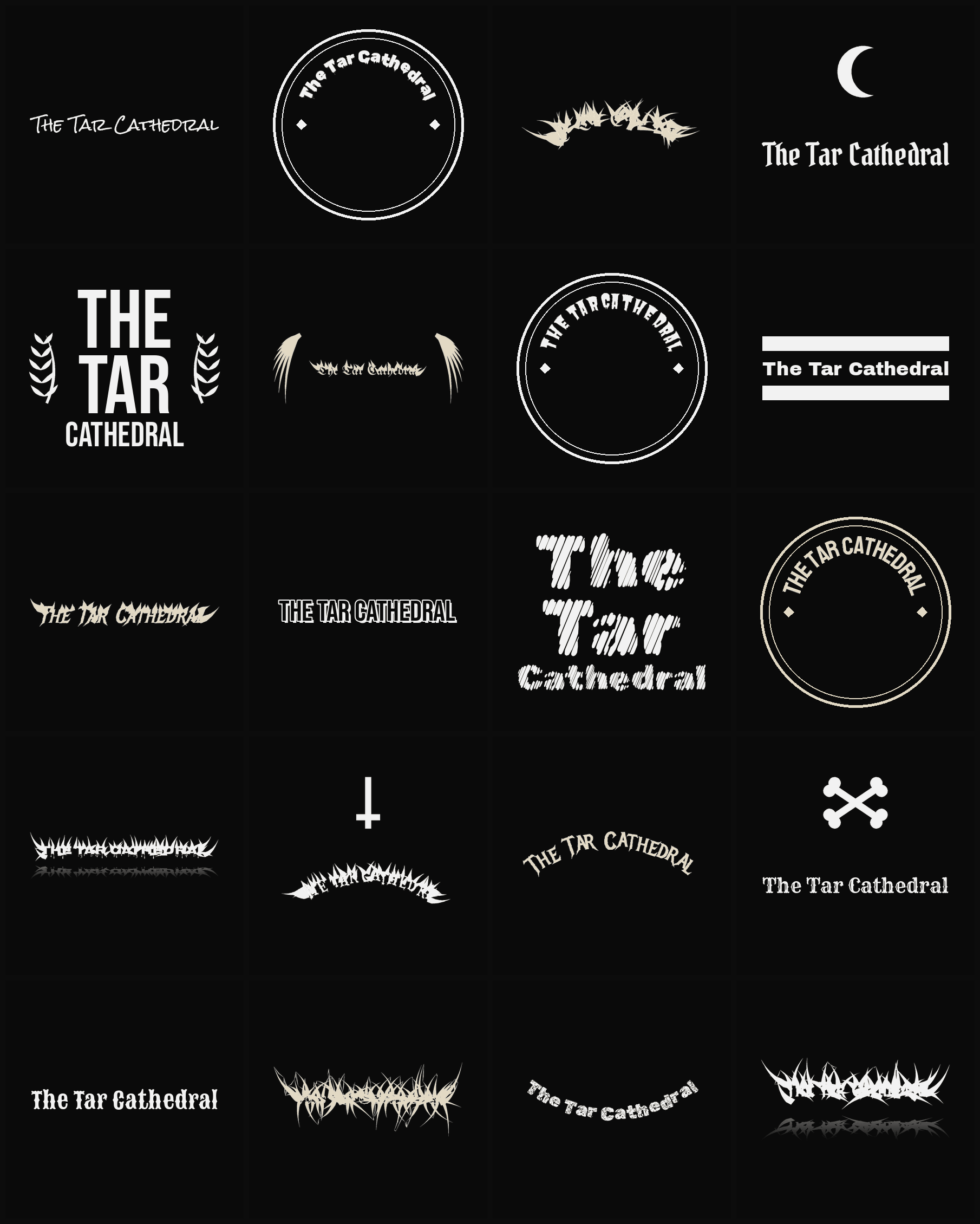 Twenty The Tar Cathedral band logo ideas — different faces, treatments and spike settings