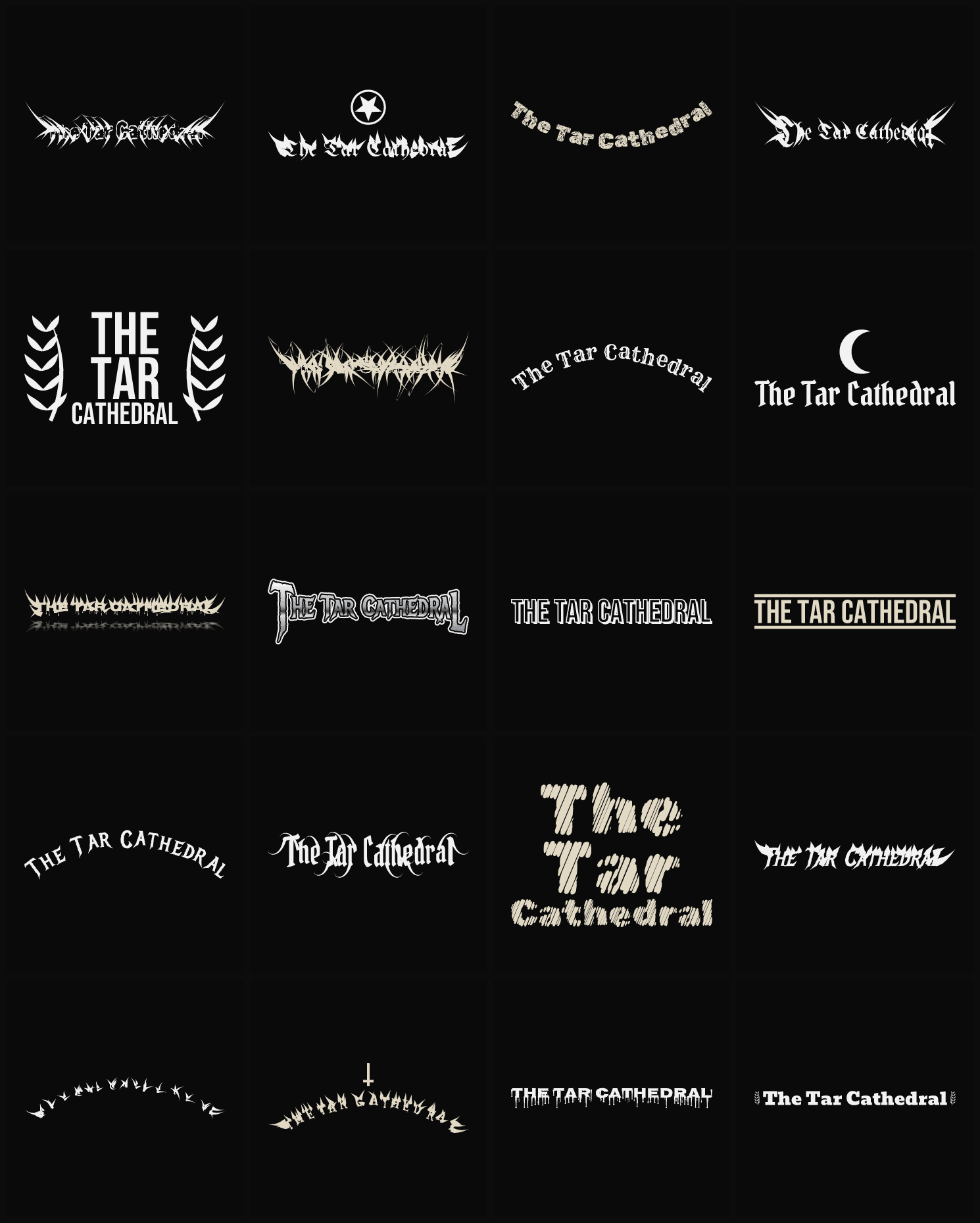 Twenty The Tar Cathedral band logo ideas — different faces, treatments and spike settings