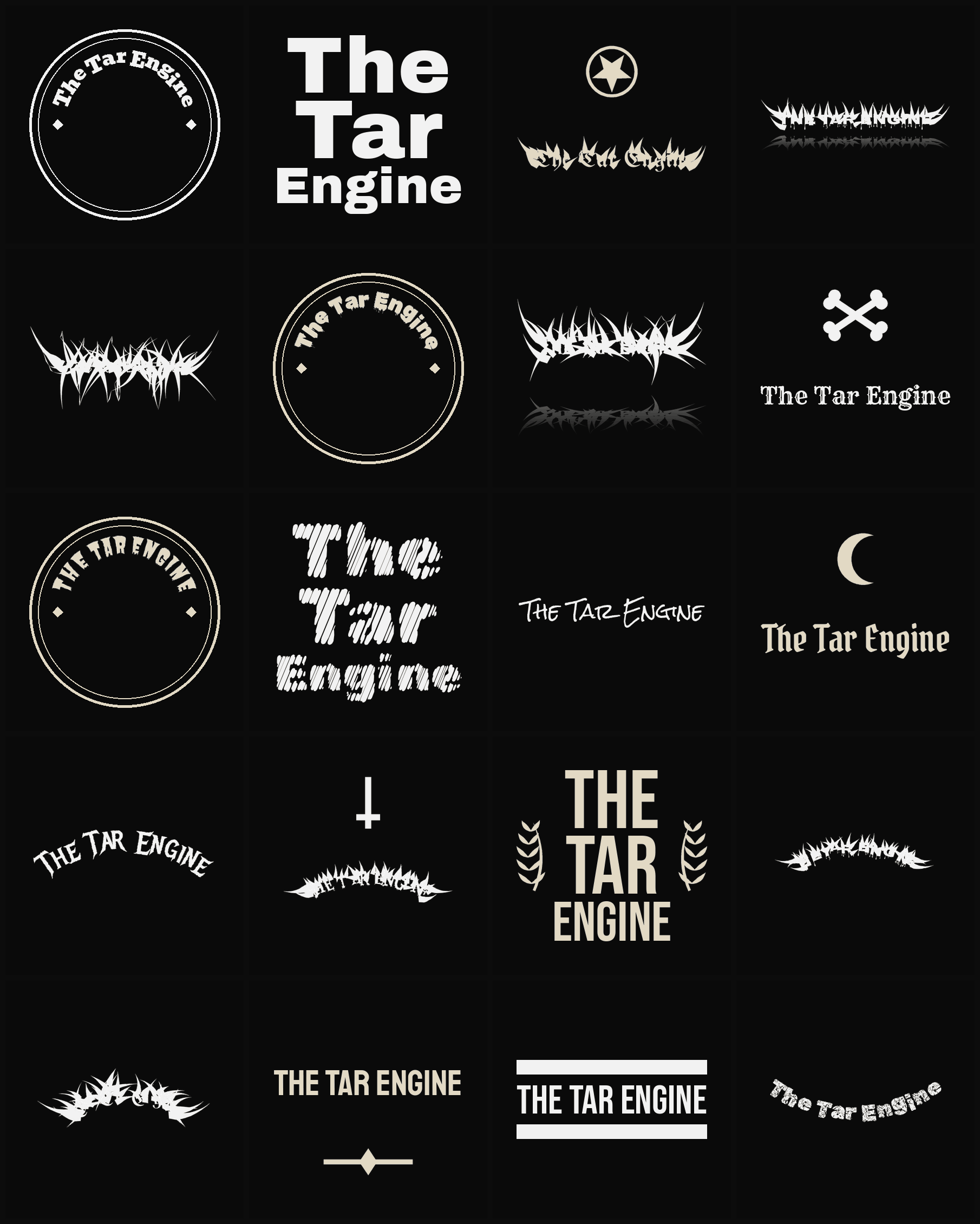 Twenty The Tar Engine band logo ideas — different faces, treatments and spike settings