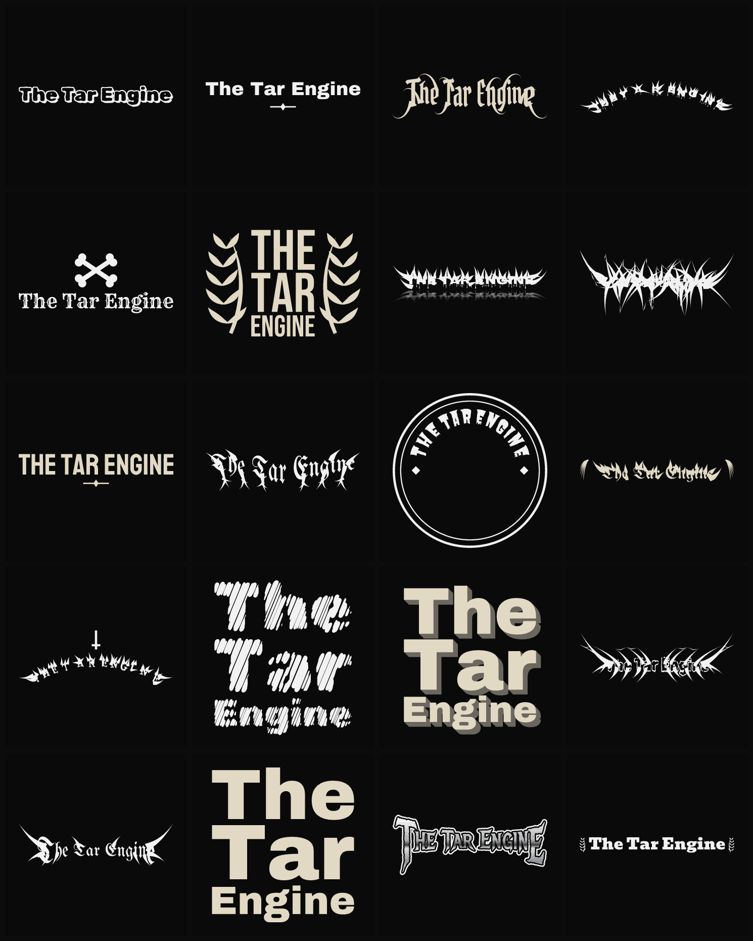 Twenty The Tar Engine band logo ideas — different faces, treatments and spike settings