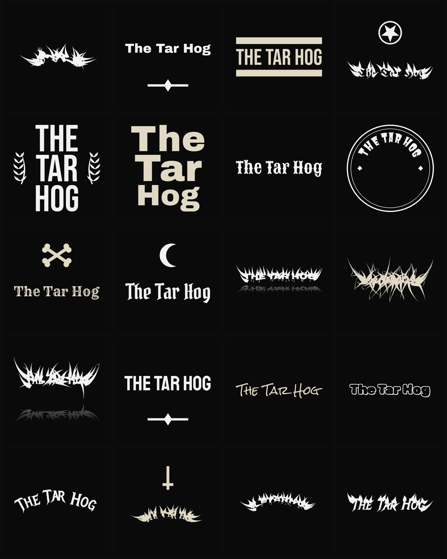 Twenty The Tar Hog band logo ideas — different faces, treatments and spike settings