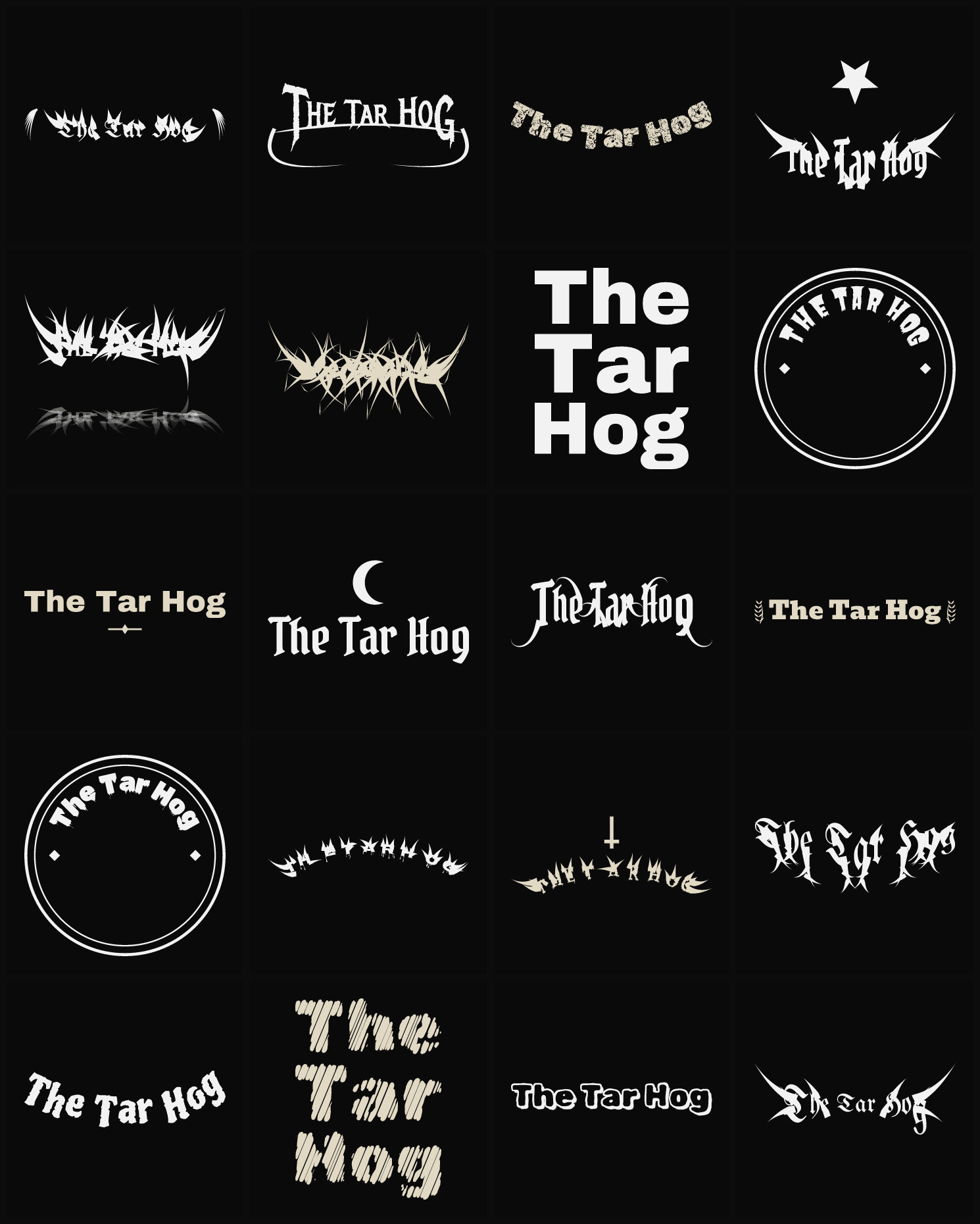 Twenty The Tar Hog band logo ideas — different faces, treatments and spike settings