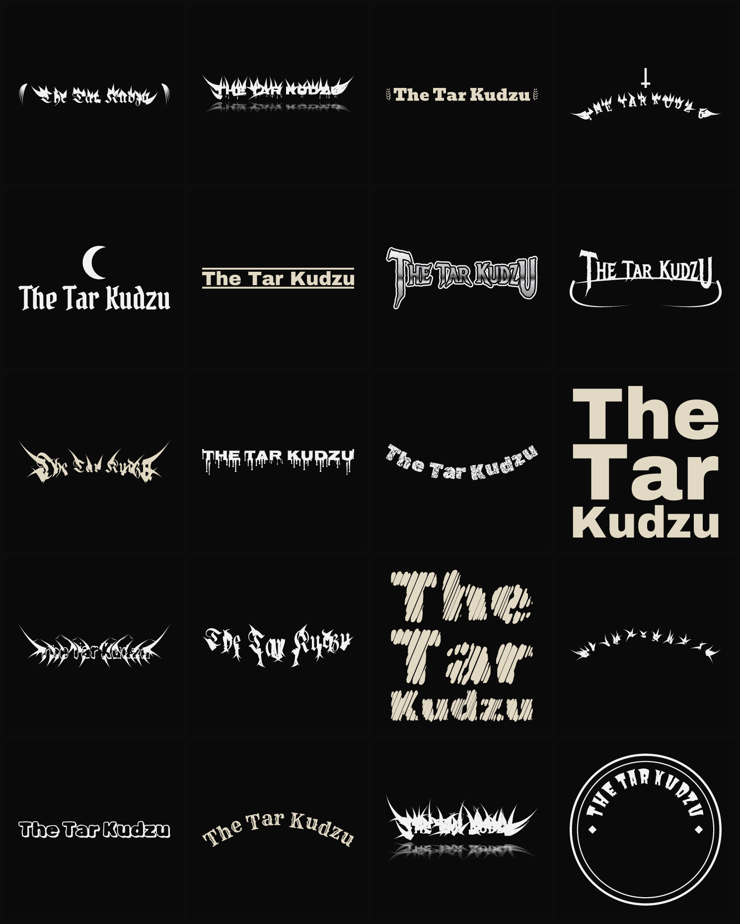 Twenty The Tar Kudzu band logo ideas — different faces, treatments and spike settings