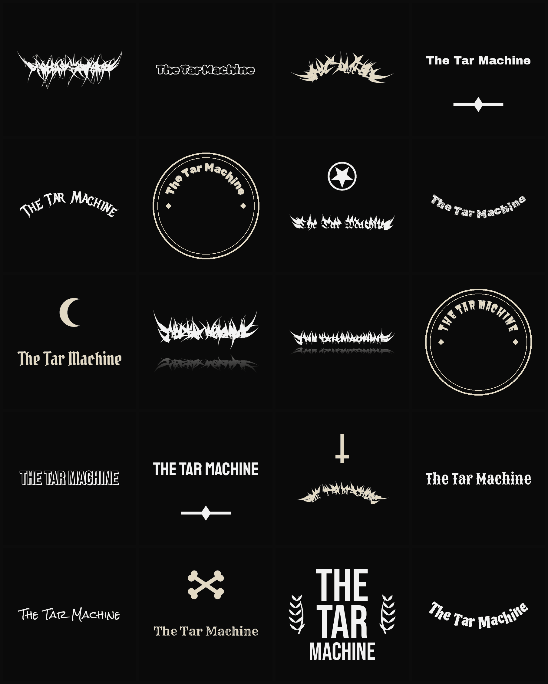 Twenty The Tar Machine band logo ideas — different faces, treatments and spike settings
