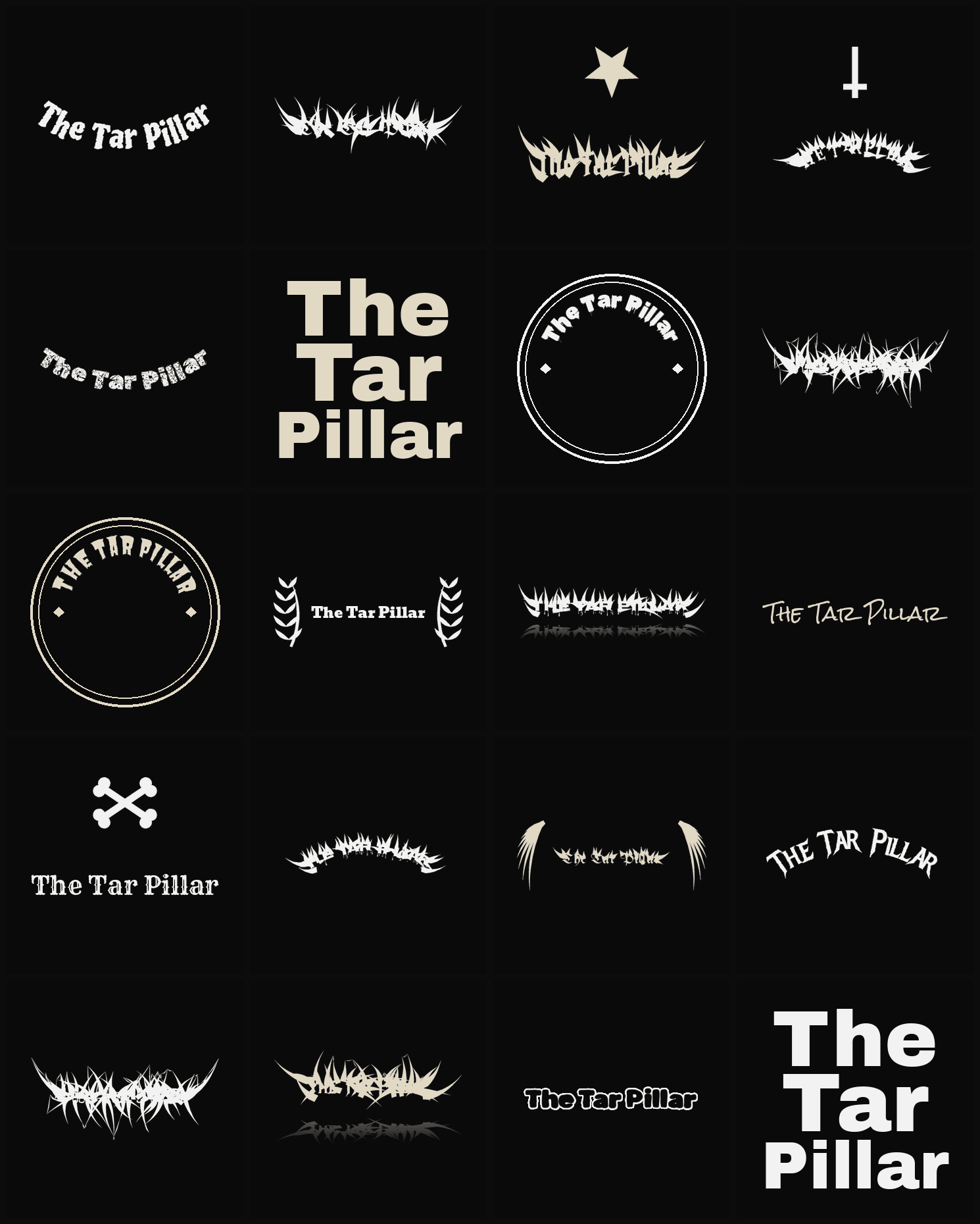Twenty The Tar Pillar band logo ideas — different faces, treatments and spike settings