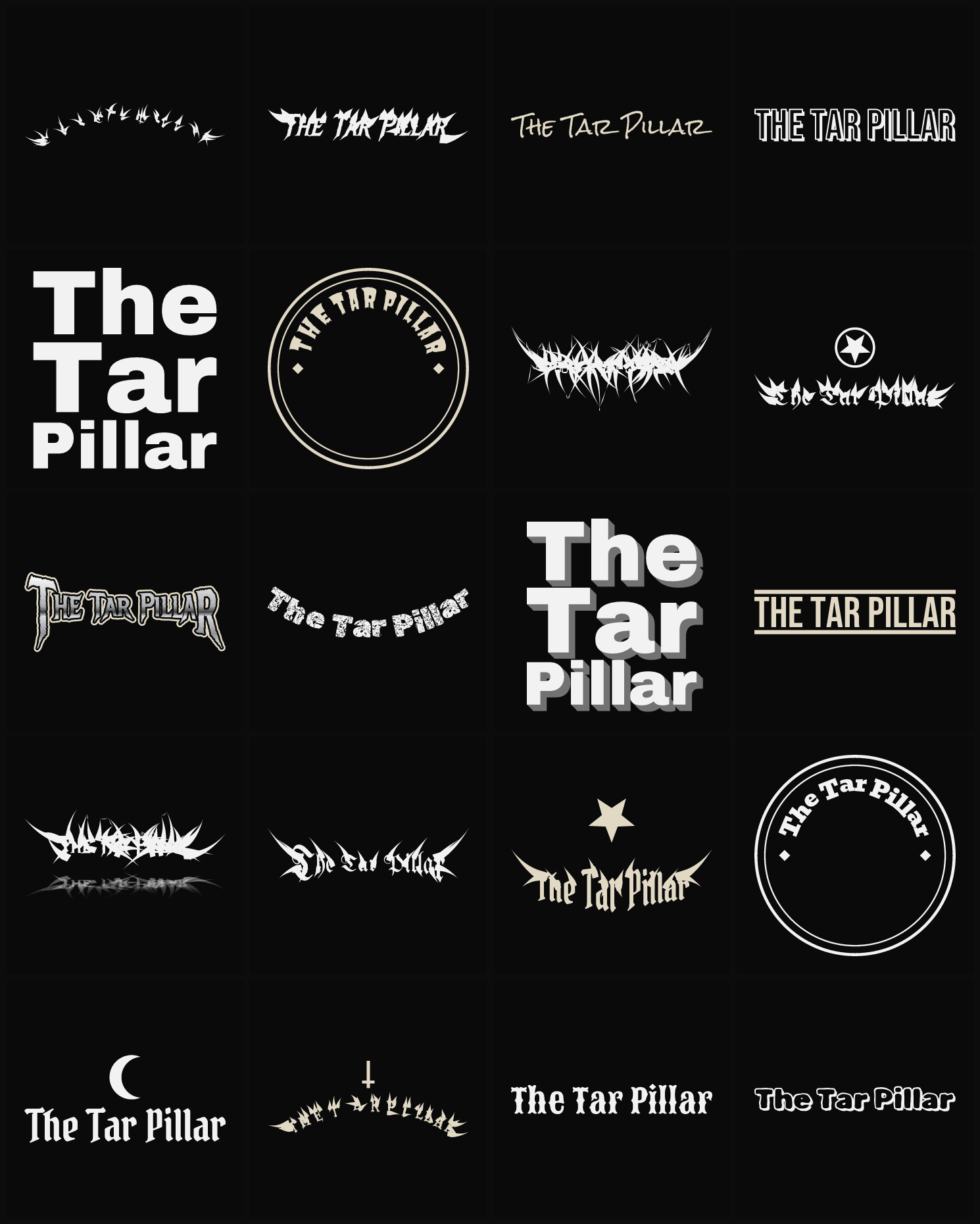 Twenty The Tar Pillar band logo ideas — different faces, treatments and spike settings