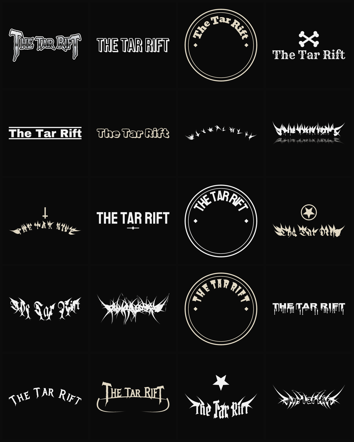 Twenty The Tar Rift band logo ideas — different faces, treatments and spike settings