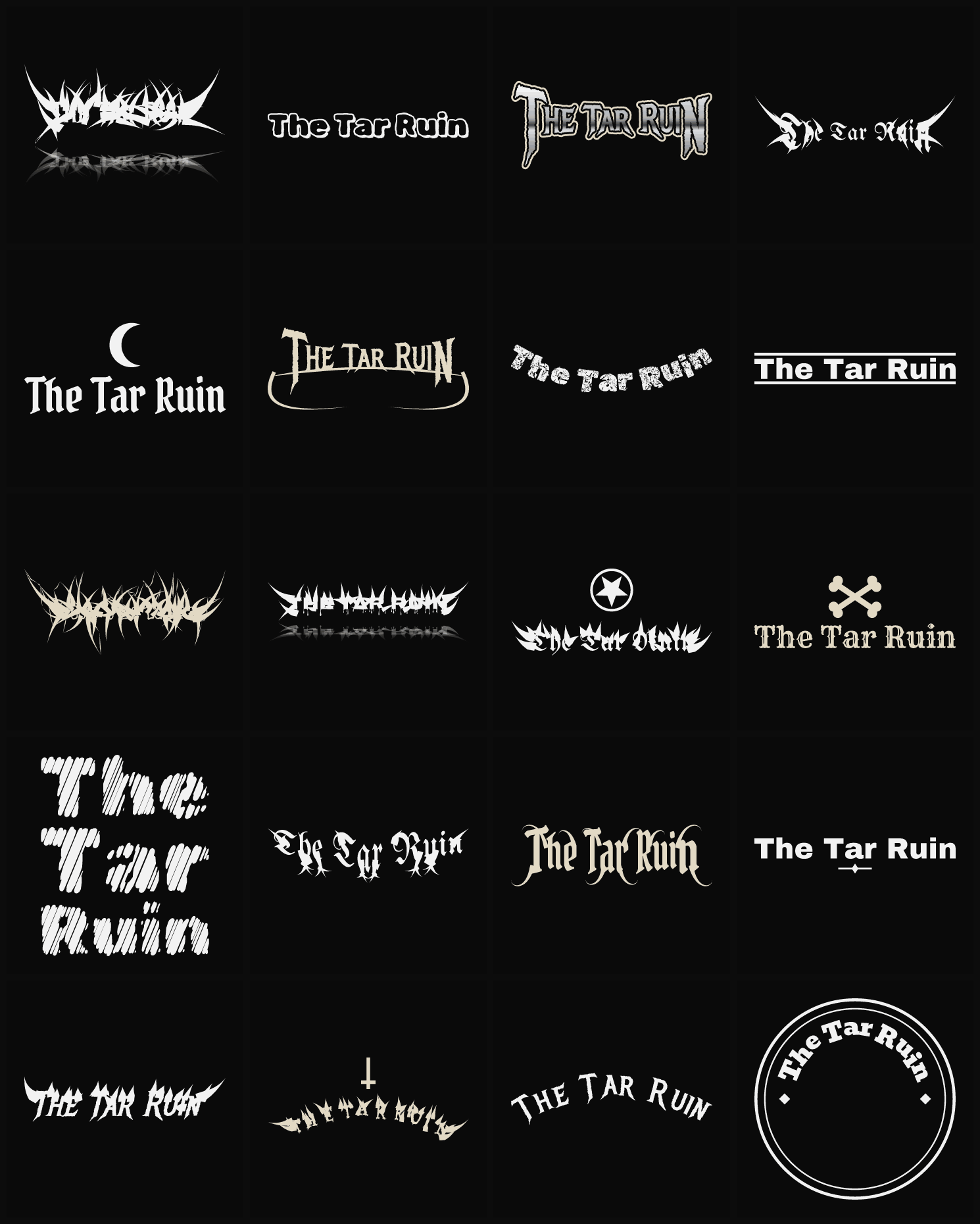 Twenty The Tar Ruin band logo ideas — different faces, treatments and spike settings