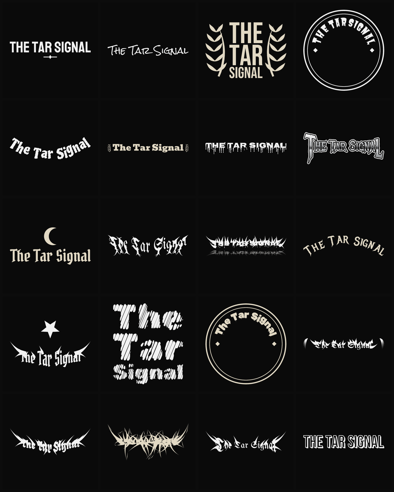 Twenty The Tar Signal band logo ideas — different faces, treatments and spike settings