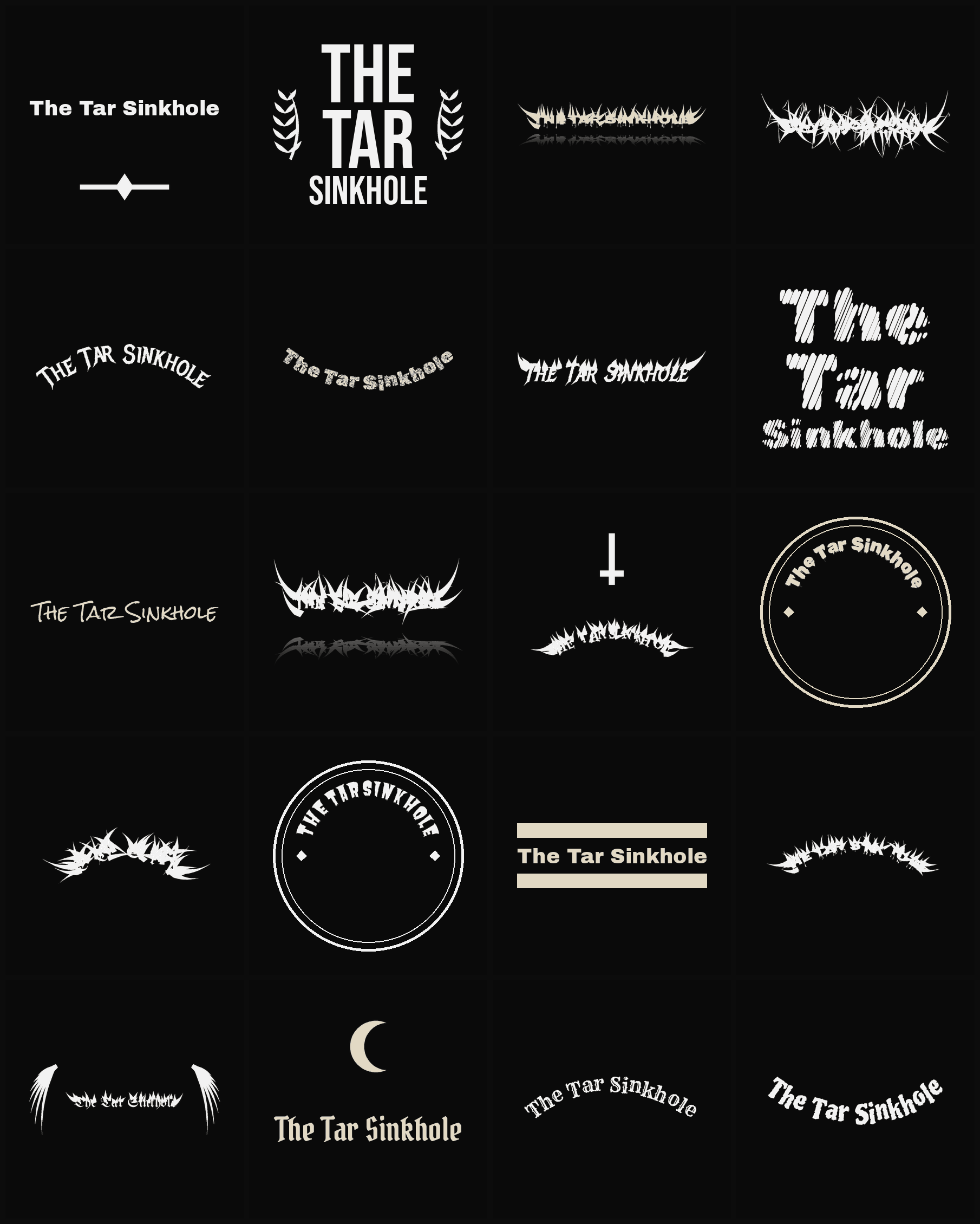 Twenty The Tar Sinkhole band logo ideas — different faces, treatments and spike settings