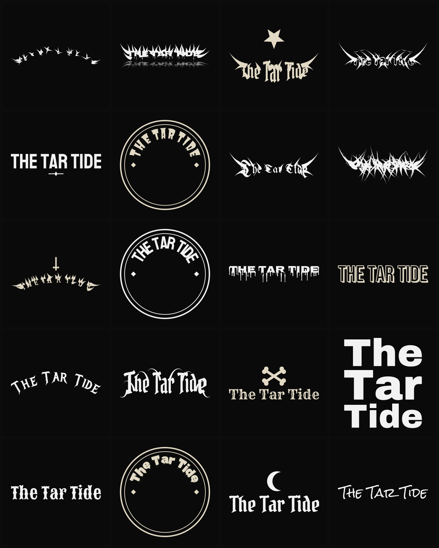 Twenty The Tar Tide band logo ideas — different faces, treatments and spike settings