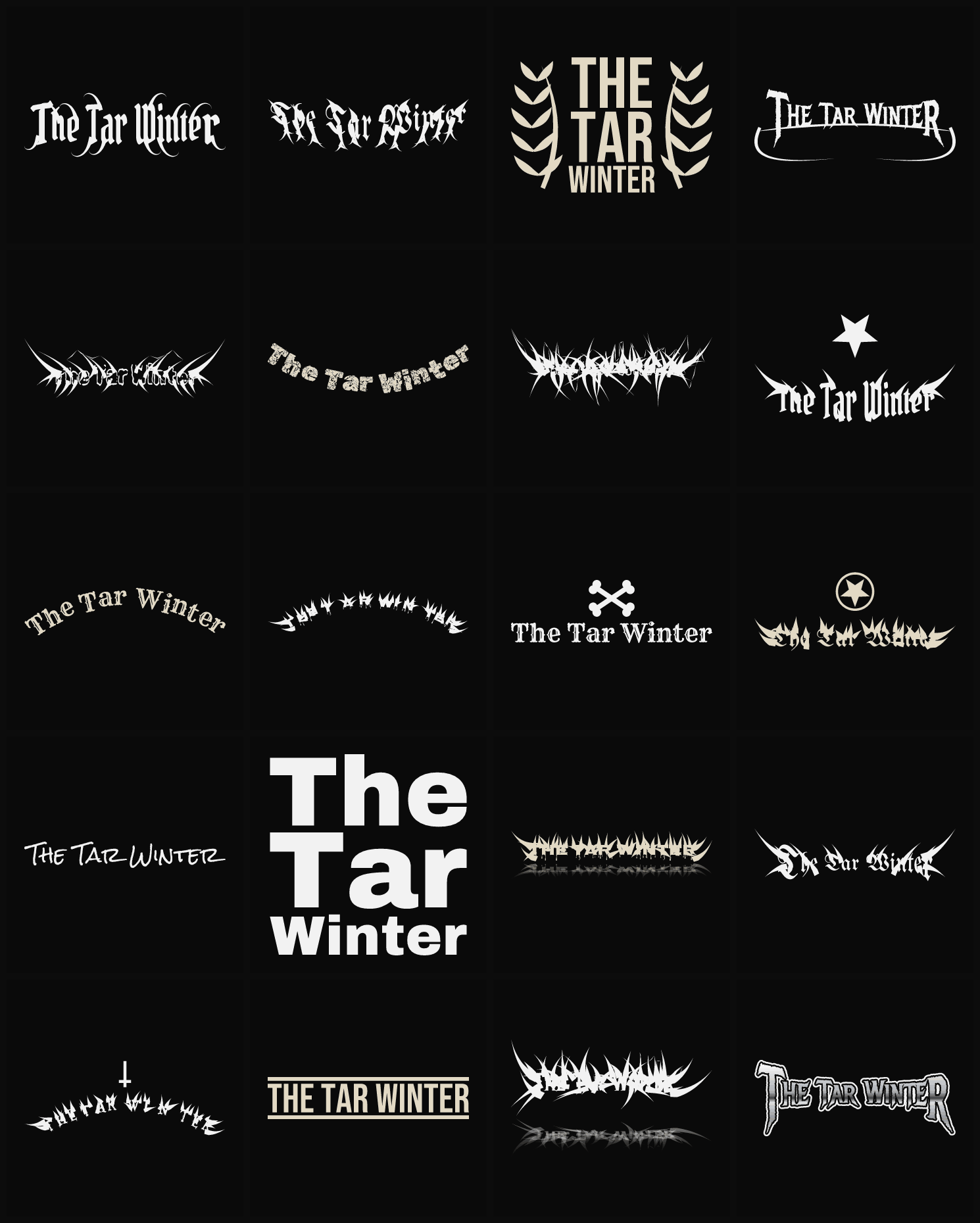 Twenty The Tar Winter band logo ideas — different faces, treatments and spike settings