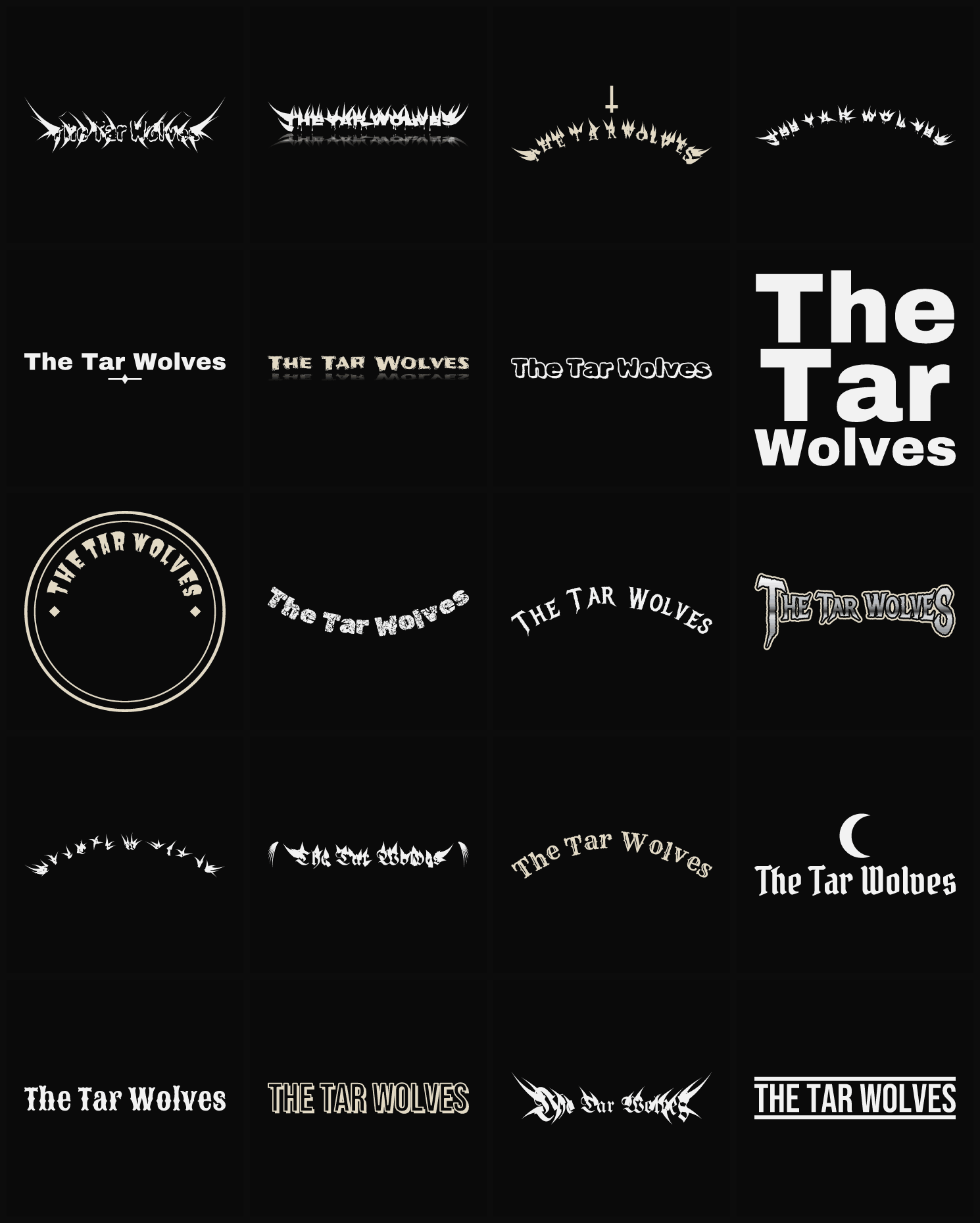 Twenty The Tar Wolves band logo ideas — different faces, treatments and spike settings