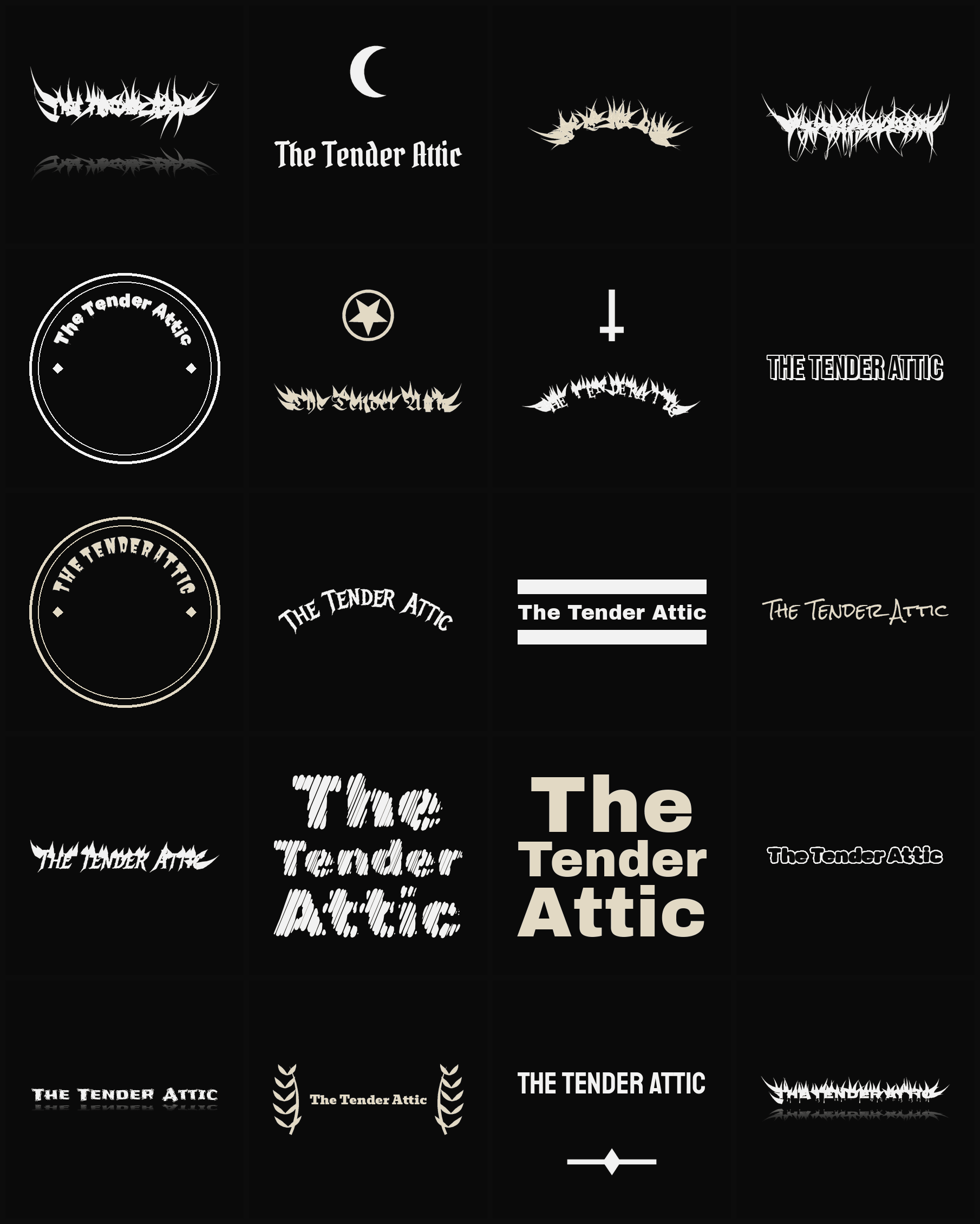 Twenty The Tender Attic band logo ideas — different faces, treatments and spike settings