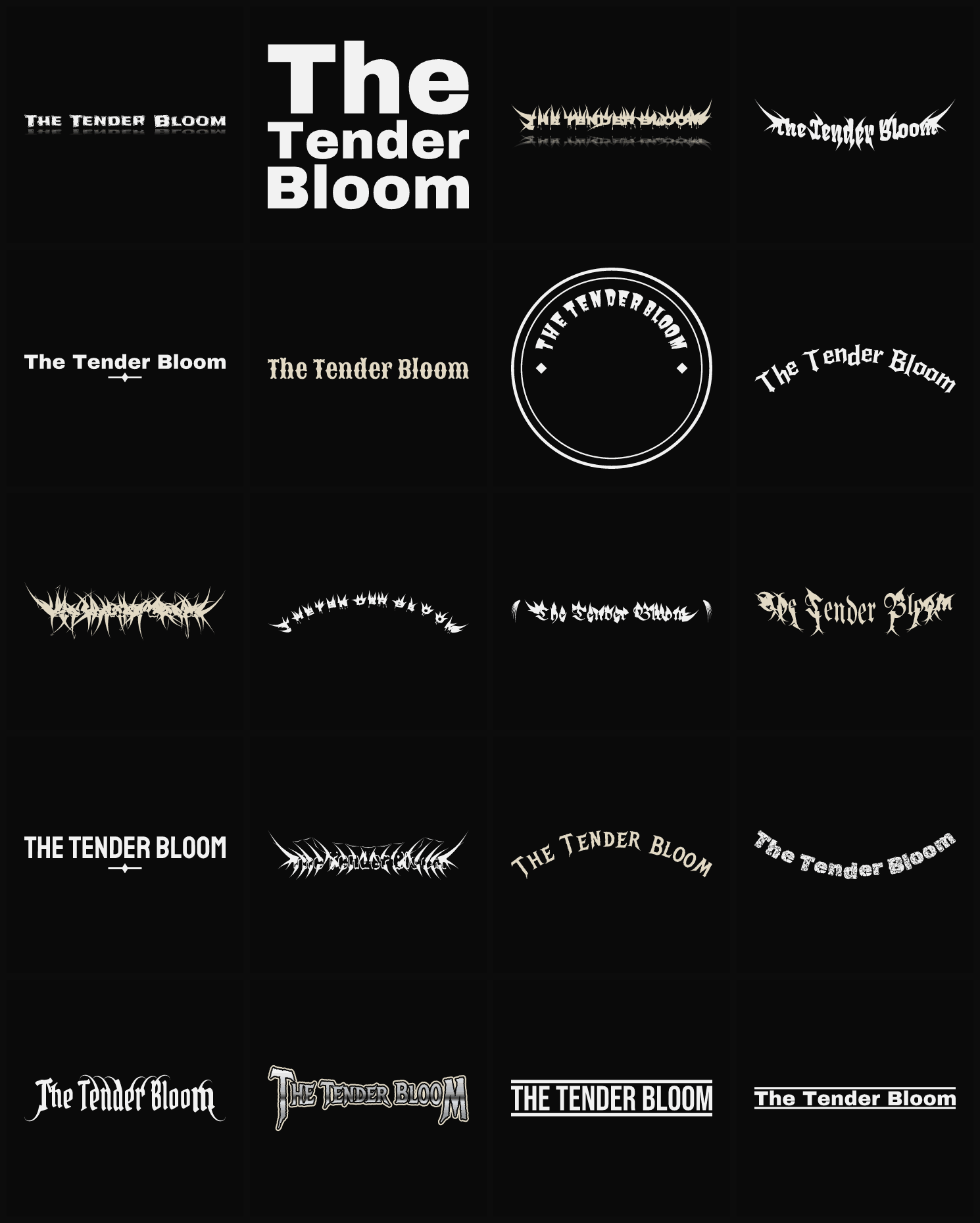 Twenty The Tender Bloom band logo ideas — different faces, treatments and spike settings