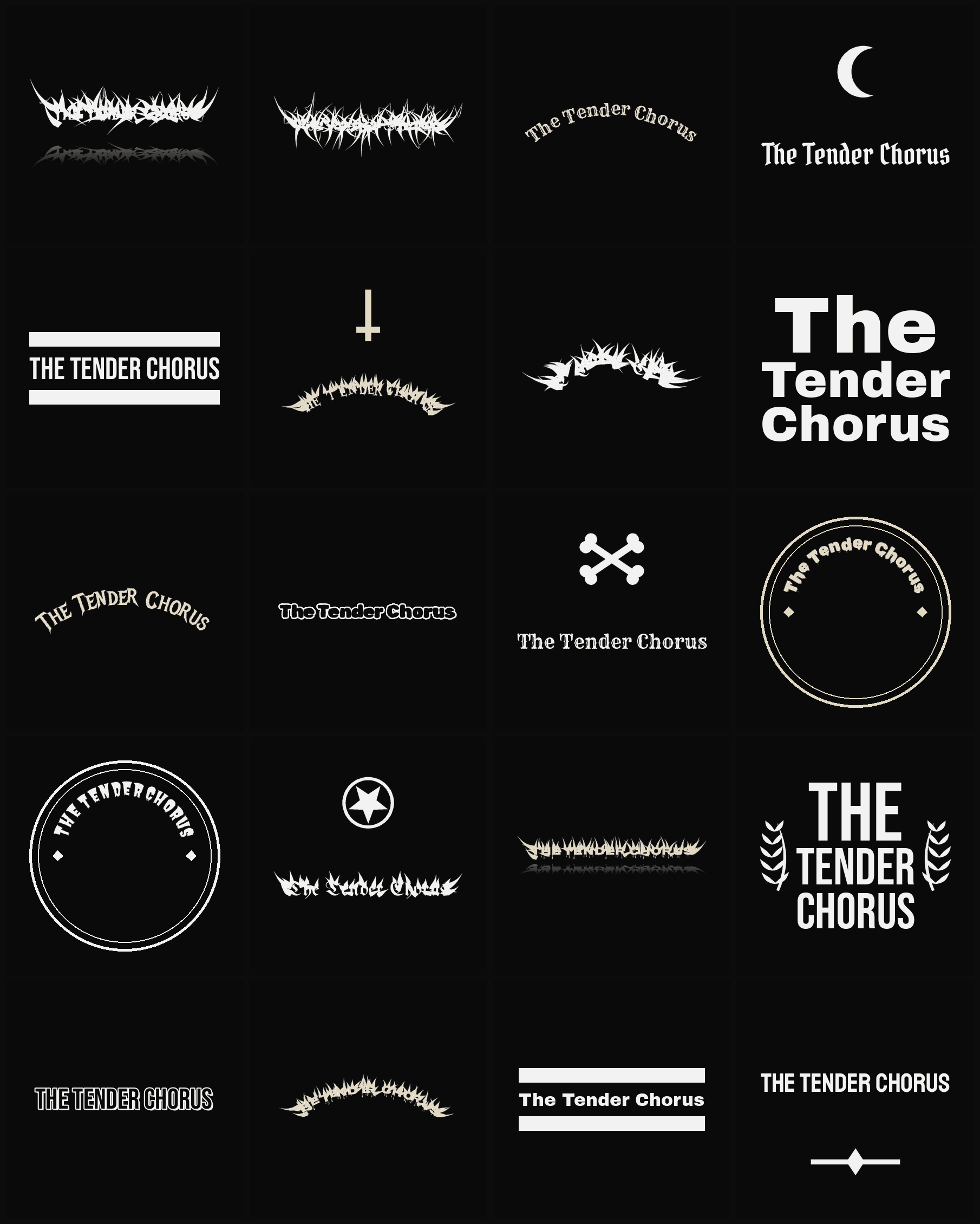 Twenty The Tender Chorus band logo ideas — different faces, treatments and spike settings