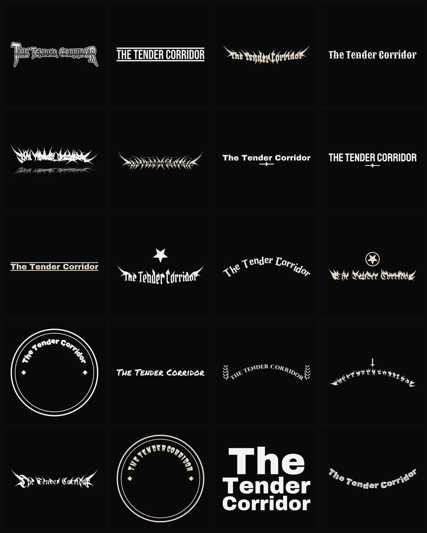 Twenty The Tender Corridor band logo ideas — different faces, treatments and spike settings