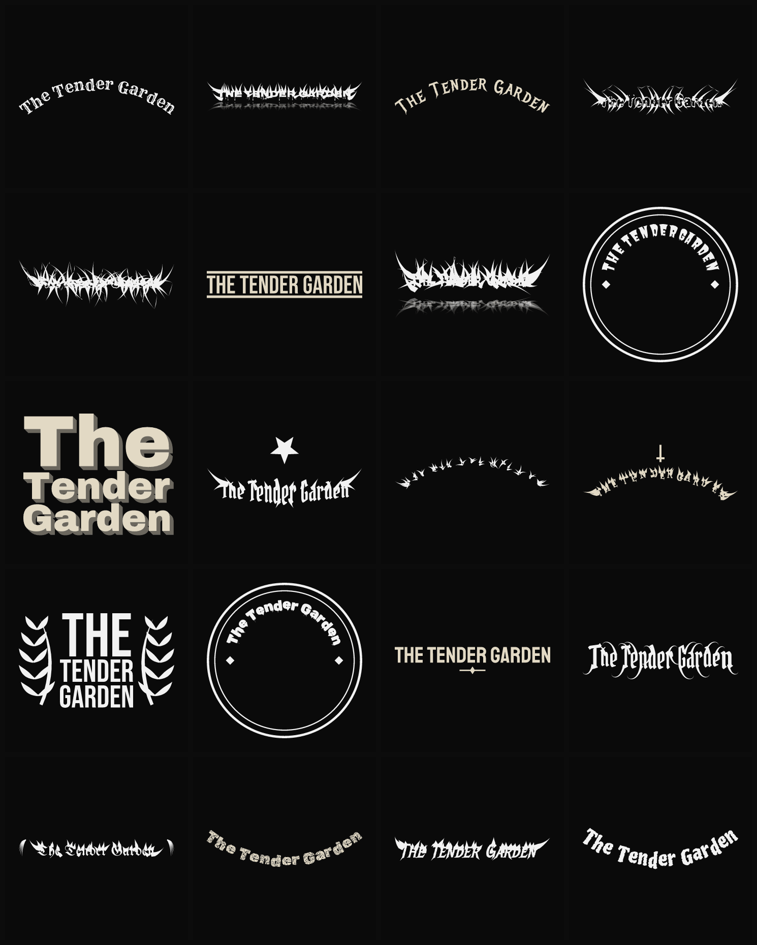 Twenty The Tender Garden band logo ideas — different faces, treatments and spike settings