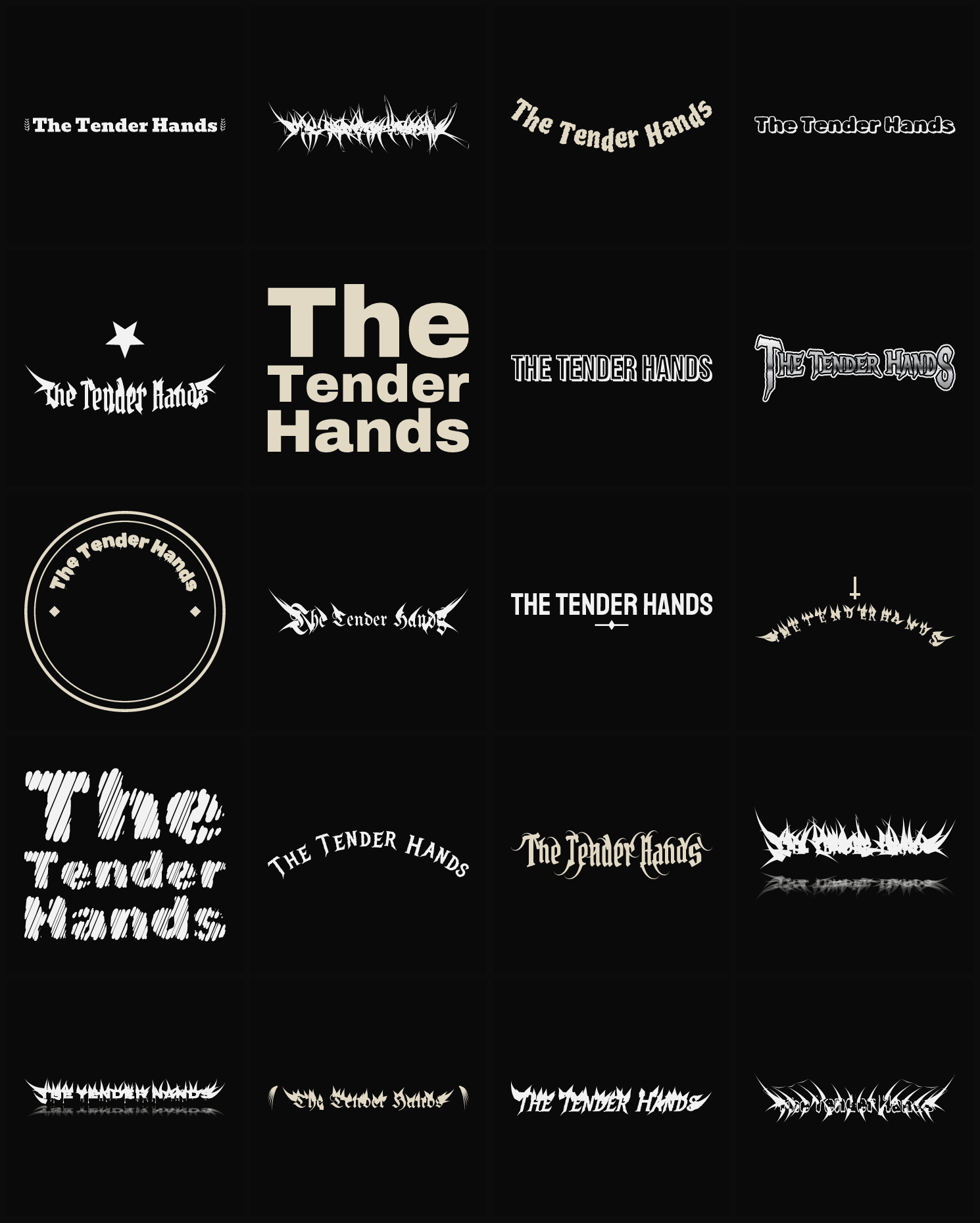 Twenty The Tender Hands band logo ideas — different faces, treatments and spike settings