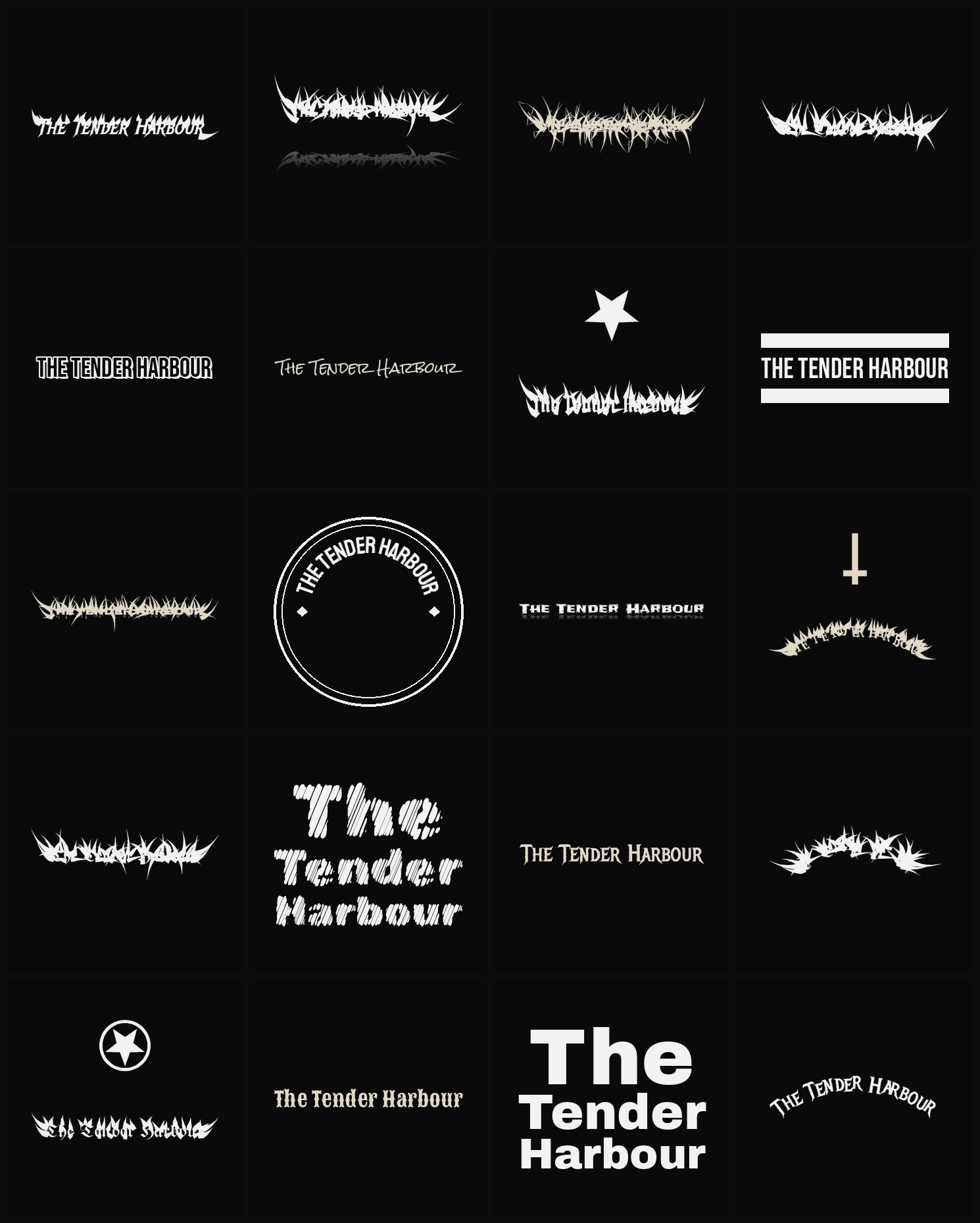Twenty The Tender Harbour band logo ideas — different faces, treatments and spike settings