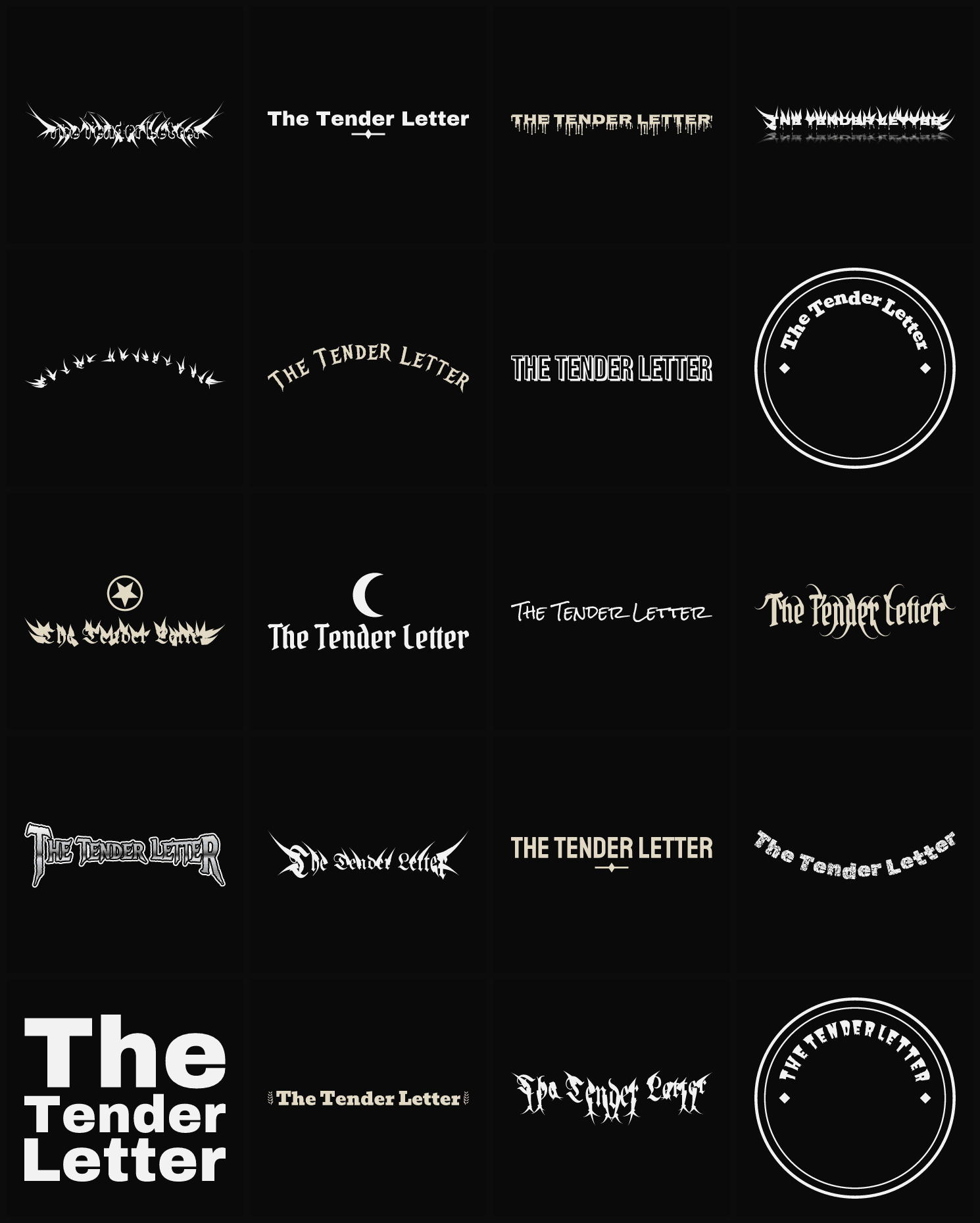 Twenty The Tender Letter band logo ideas — different faces, treatments and spike settings