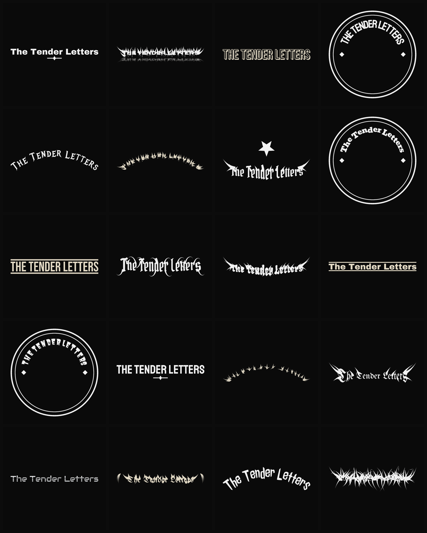 Twenty The Tender Letters band logo ideas — different faces, treatments and spike settings