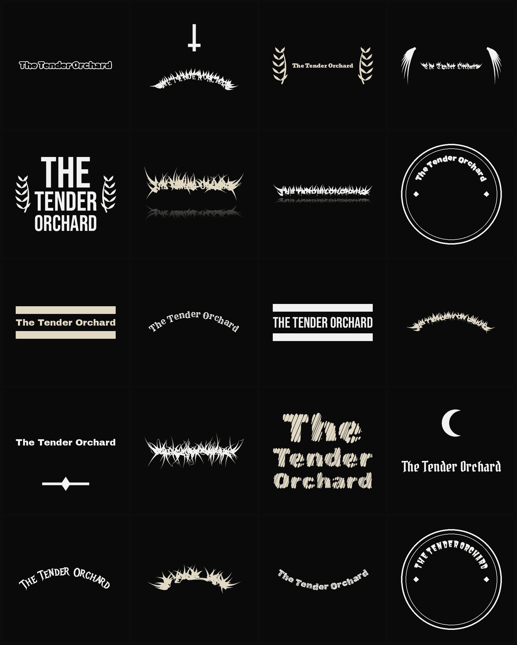Twenty The Tender Orchard band logo ideas — different faces, treatments and spike settings