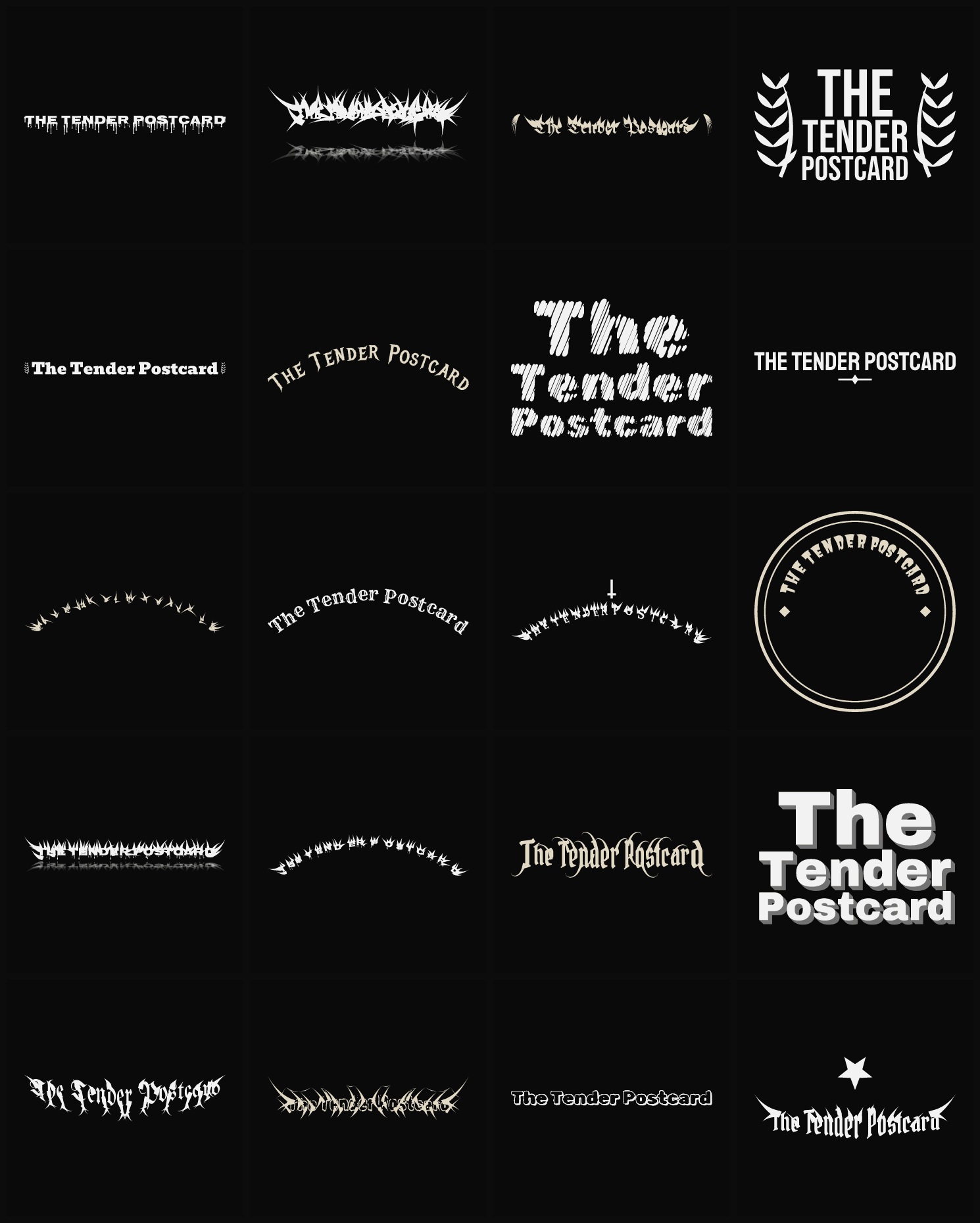 Twenty The Tender Postcard band logo ideas — different faces, treatments and spike settings