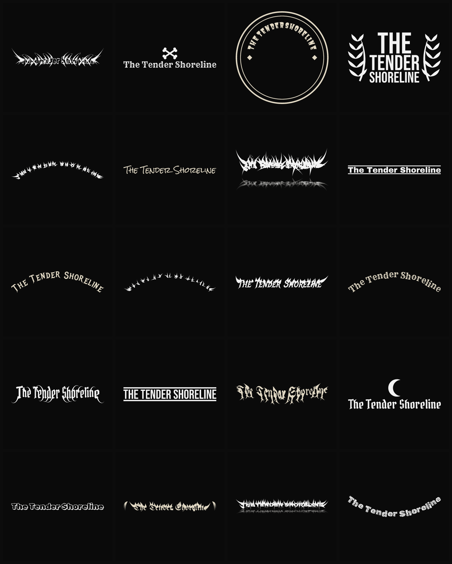 Twenty The Tender Shoreline band logo ideas — different faces, treatments and spike settings