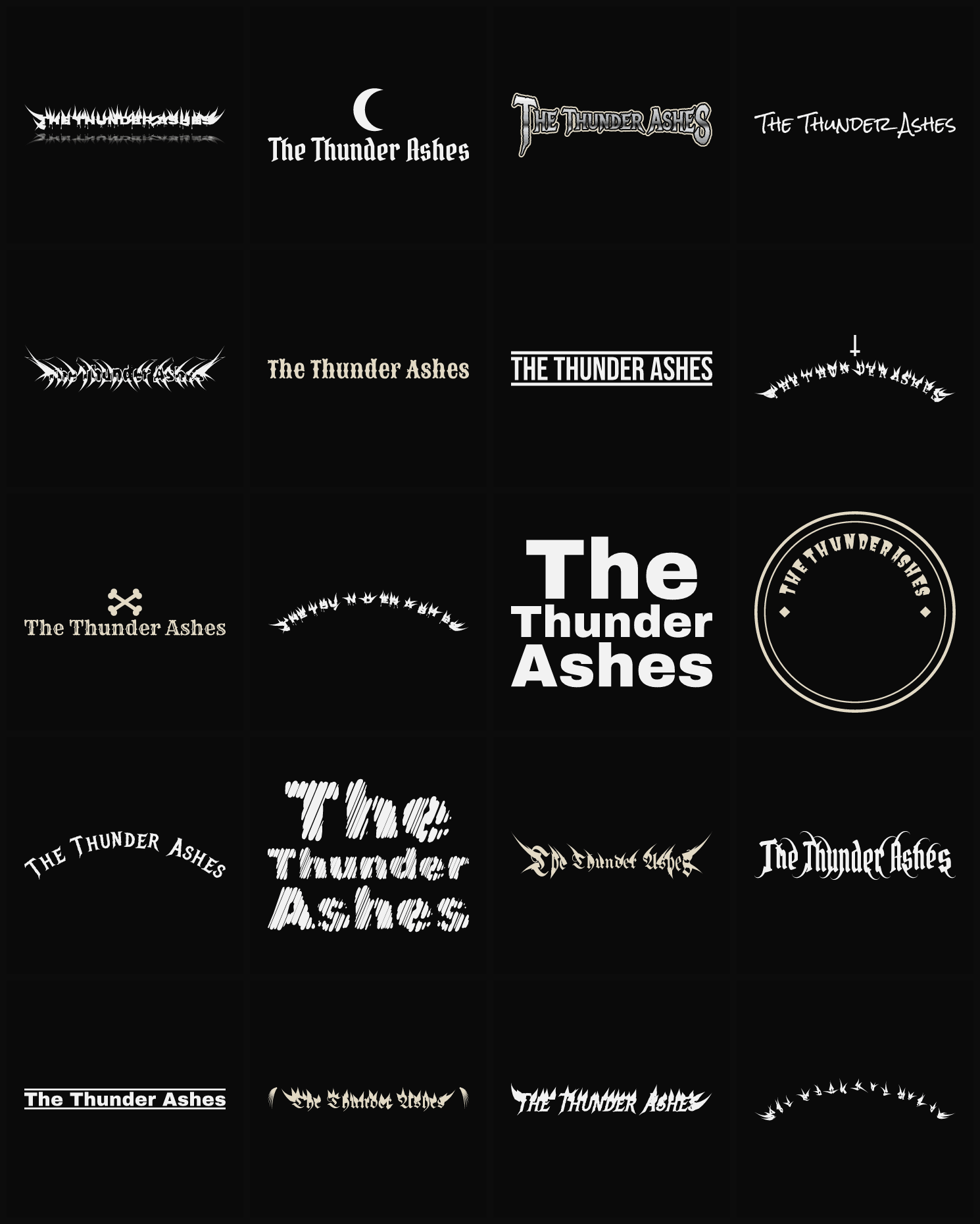 Twenty The Thunder Ashes band logo ideas — different faces, treatments and spike settings