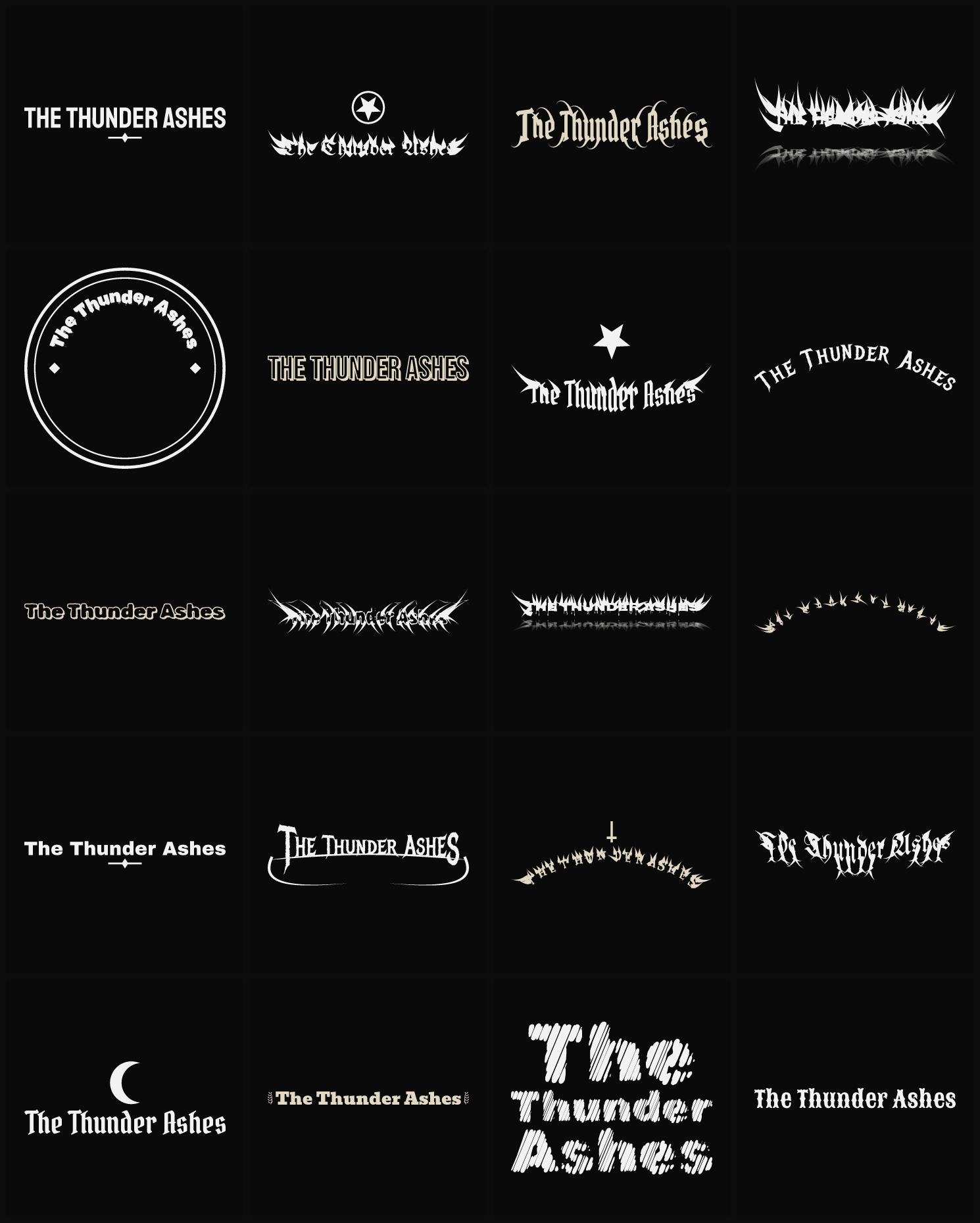 Twenty The Thunder Ashes band logo ideas — different faces, treatments and spike settings