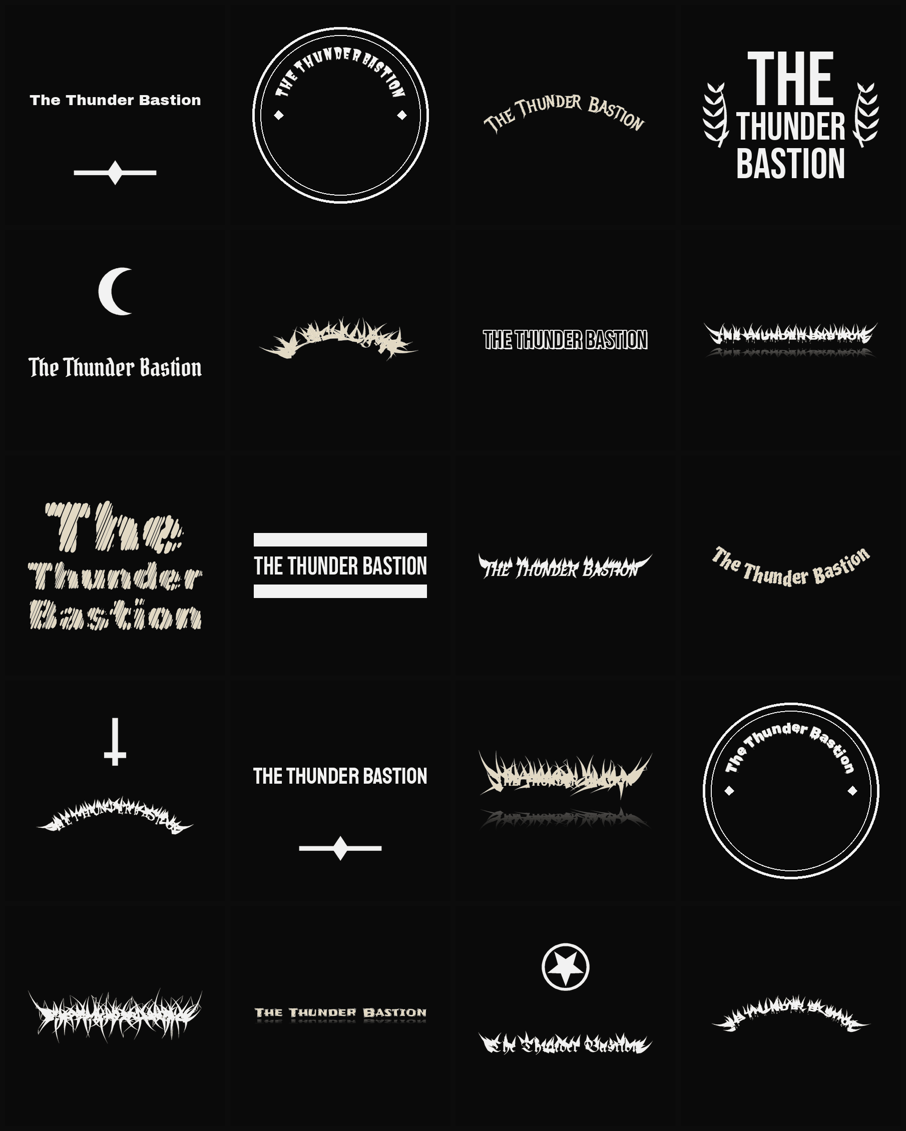 Twenty The Thunder Bastion band logo ideas — different faces, treatments and spike settings