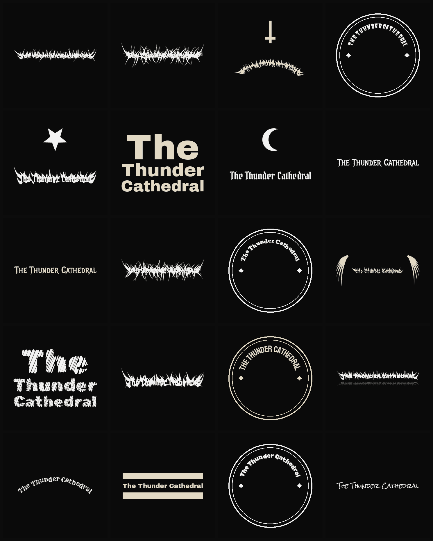 Twenty The Thunder Cathedral band logo ideas — different faces, treatments and spike settings