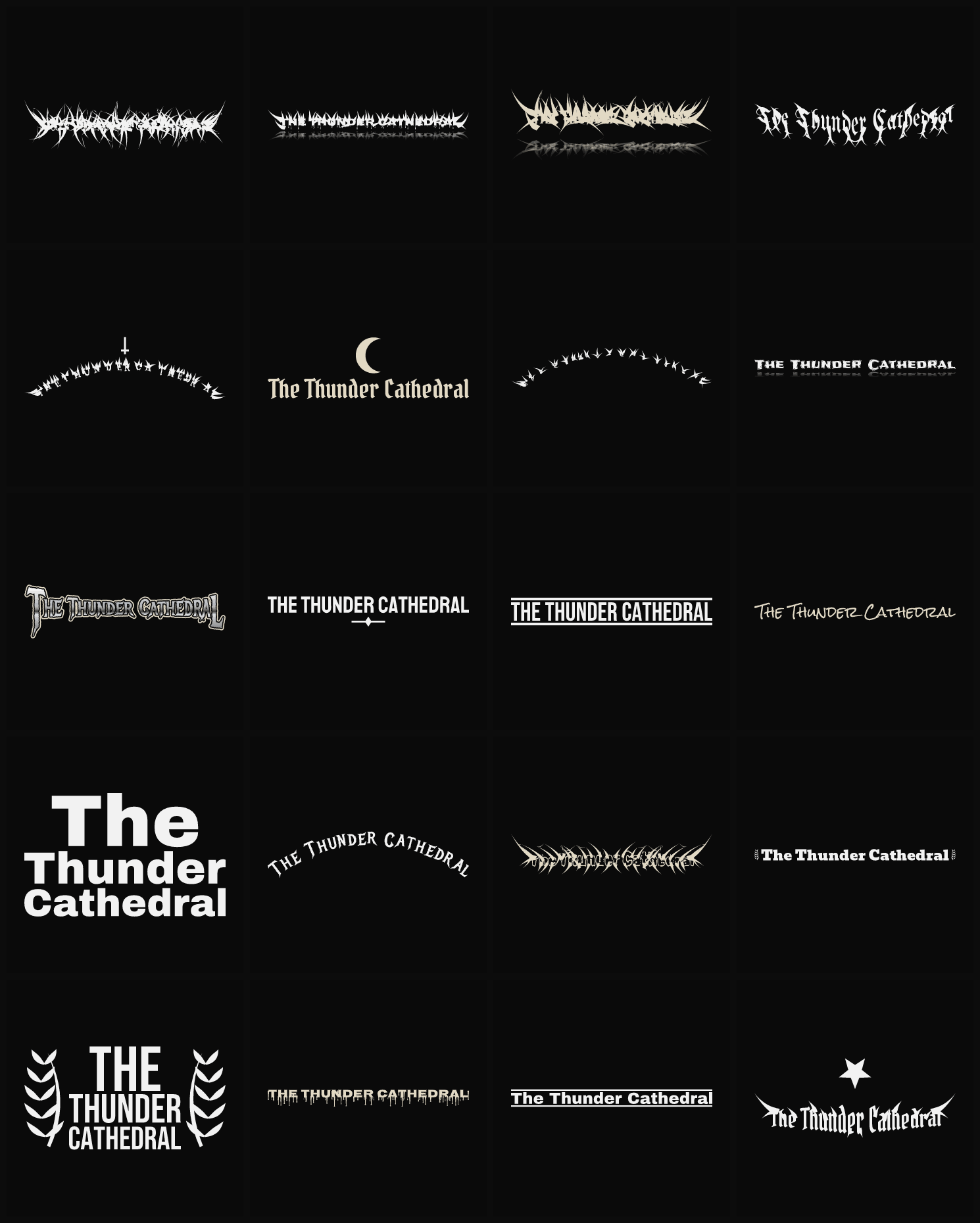 Twenty The Thunder Cathedral band logo ideas — different faces, treatments and spike settings