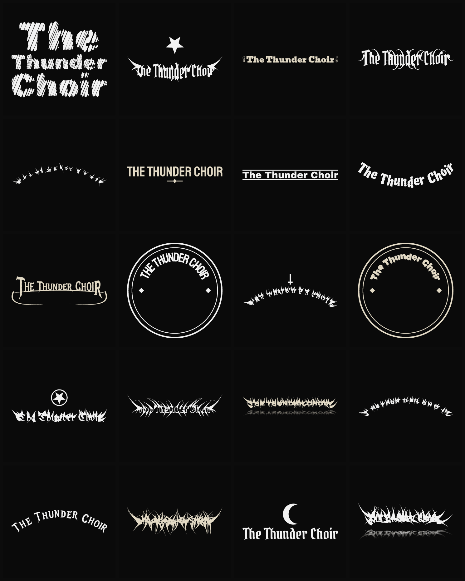 Twenty The Thunder Choir band logo ideas — different faces, treatments and spike settings