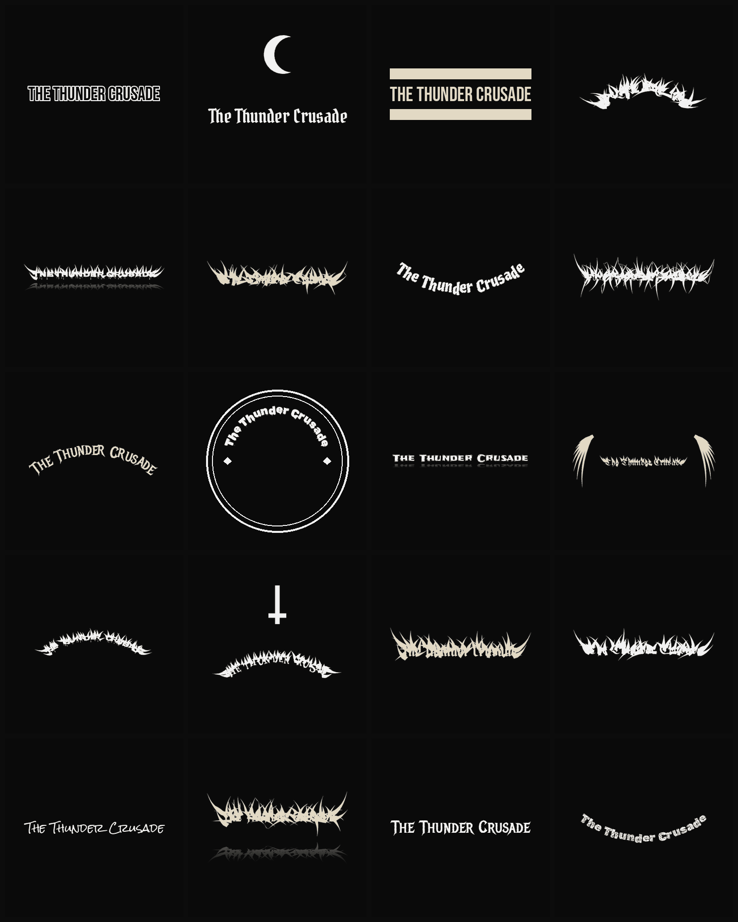 Twenty The Thunder Crusade band logo ideas — different faces, treatments and spike settings