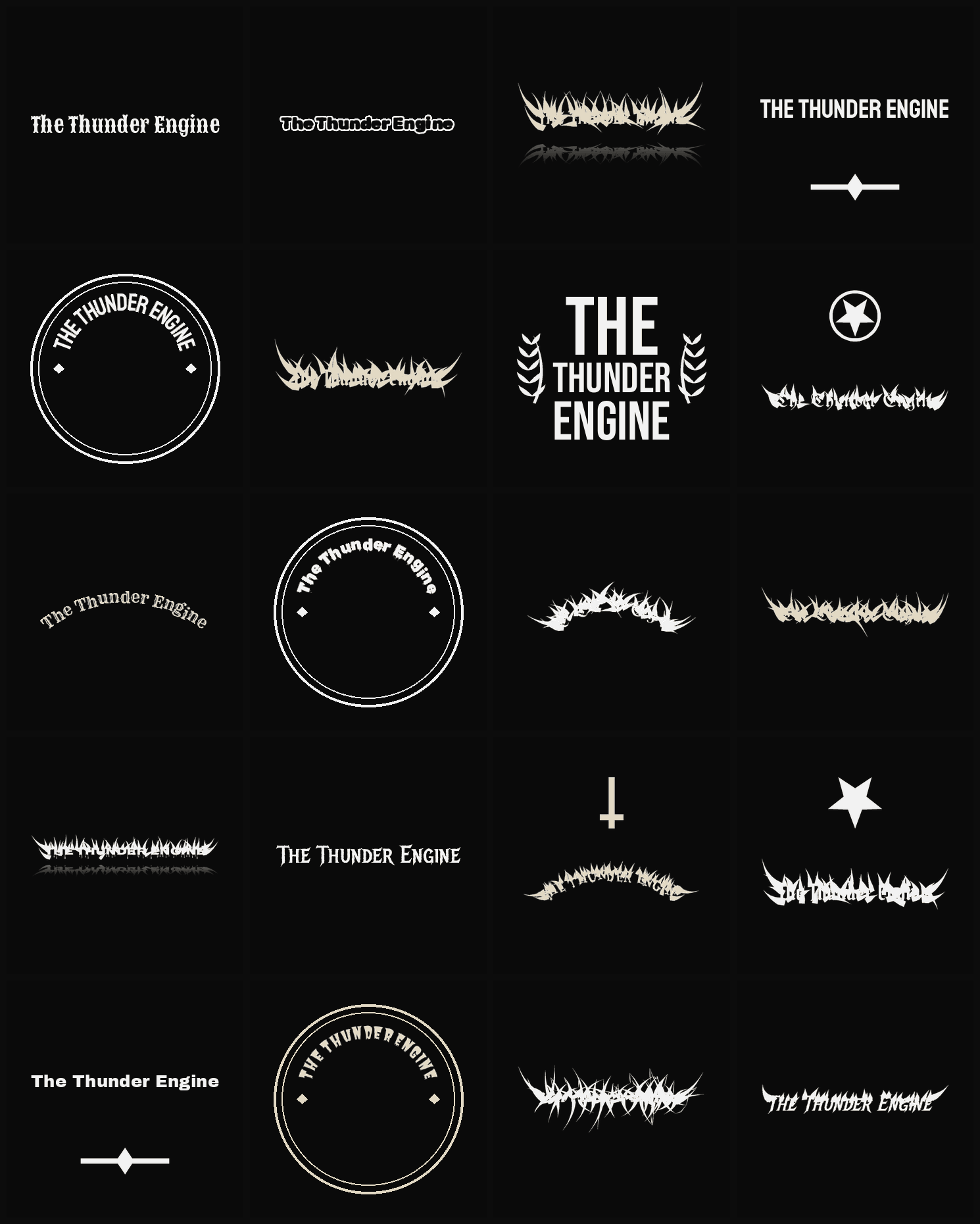 Twenty The Thunder Engine band logo ideas — different faces, treatments and spike settings