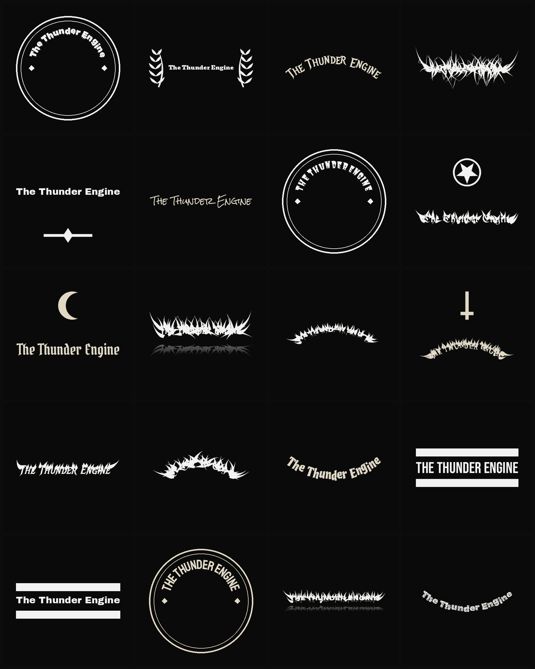 Twenty The Thunder Engine band logo ideas — different faces, treatments and spike settings