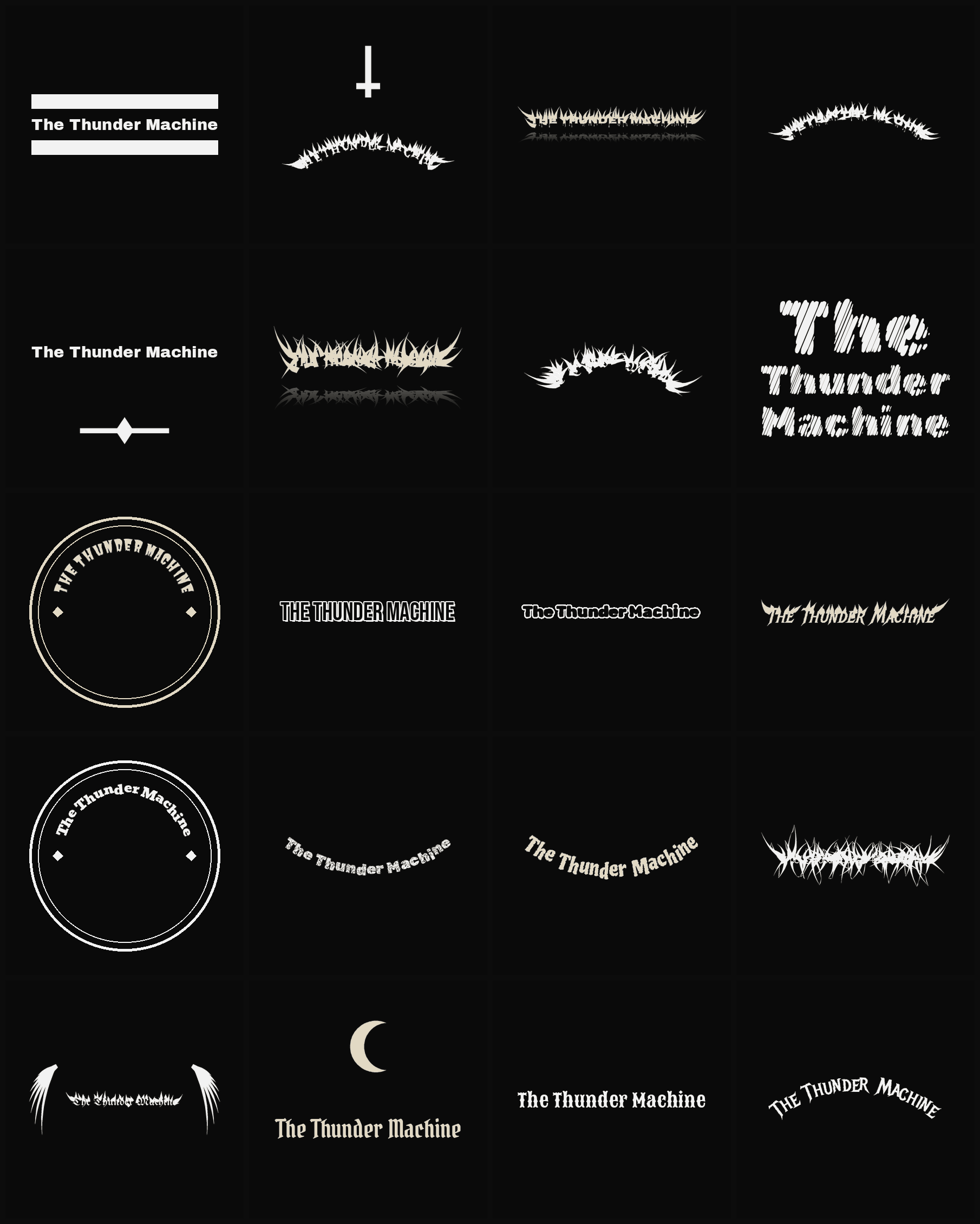 Twenty The Thunder Machine band logo ideas — different faces, treatments and spike settings